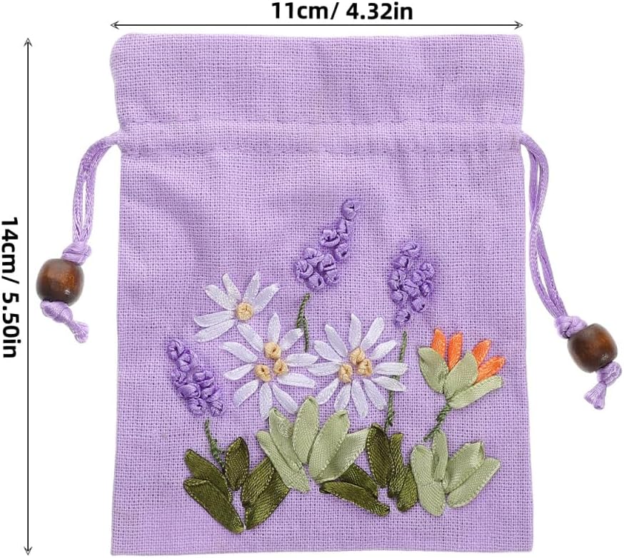Hoement 4Pcs Embroidered Lavender Sachet Bags Small Drawstring Linen Brocade Pouches for Jewelry Storage Wedding Favor and Fragrance Packaging