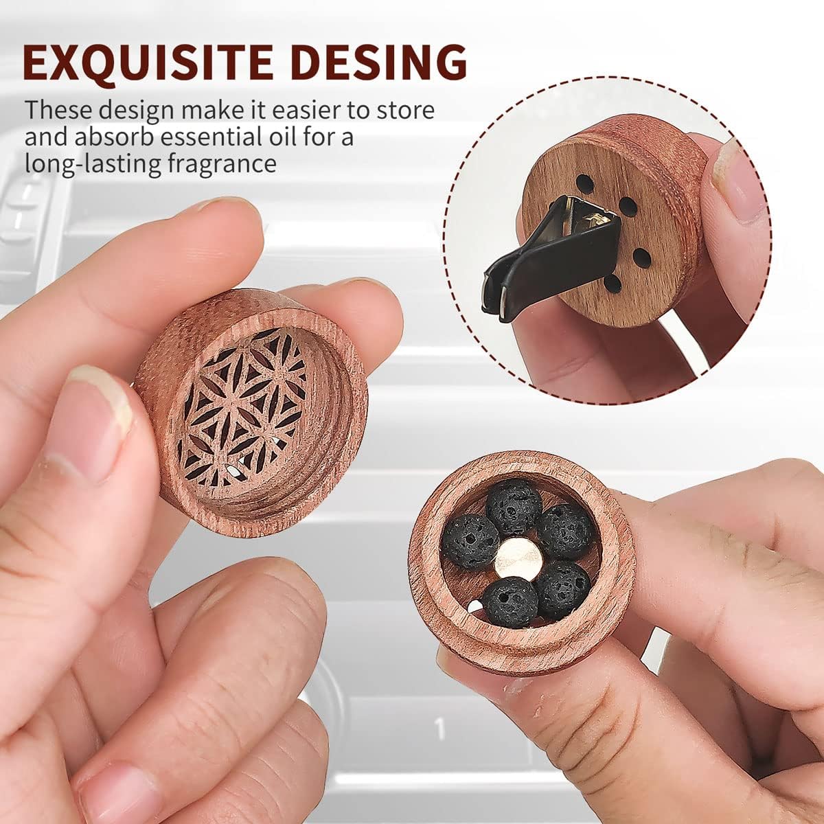 2-in-1 Car Aromatherapy Diffuser & Air Freshener, Portable Mini Wood Diffuser with Lava Stone, Essential Oil Vent Clip, 2 Charming Patterns