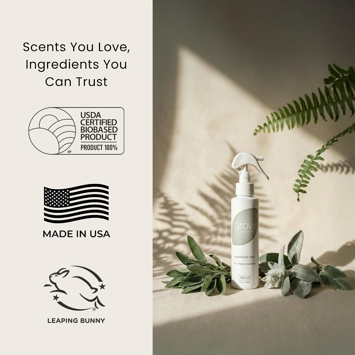Grow Fragrance Certified Non Toxic, 100% Plant Based Fabric and Room Air Freshener Spray. Made with All Natural Essential Oils (Woodland Sage & Pacific Driftwood 2 pack) 2 x 5oz