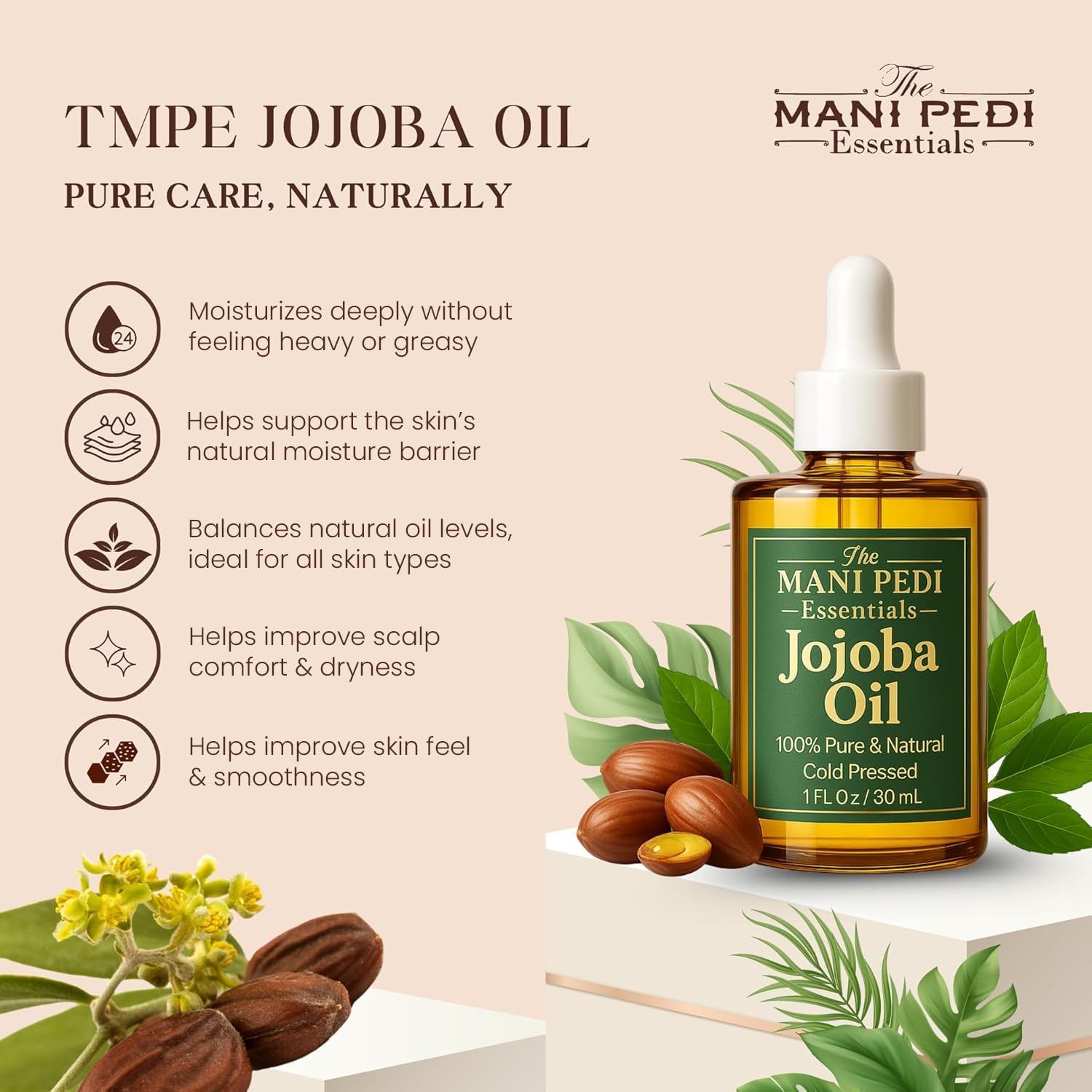 TMPE 100% Pure Jojoba Oil, Cold Pressed, Non-Comedogenic Moisturizing Oil for Hair, Face, Skin & Nails - 1 fl oz