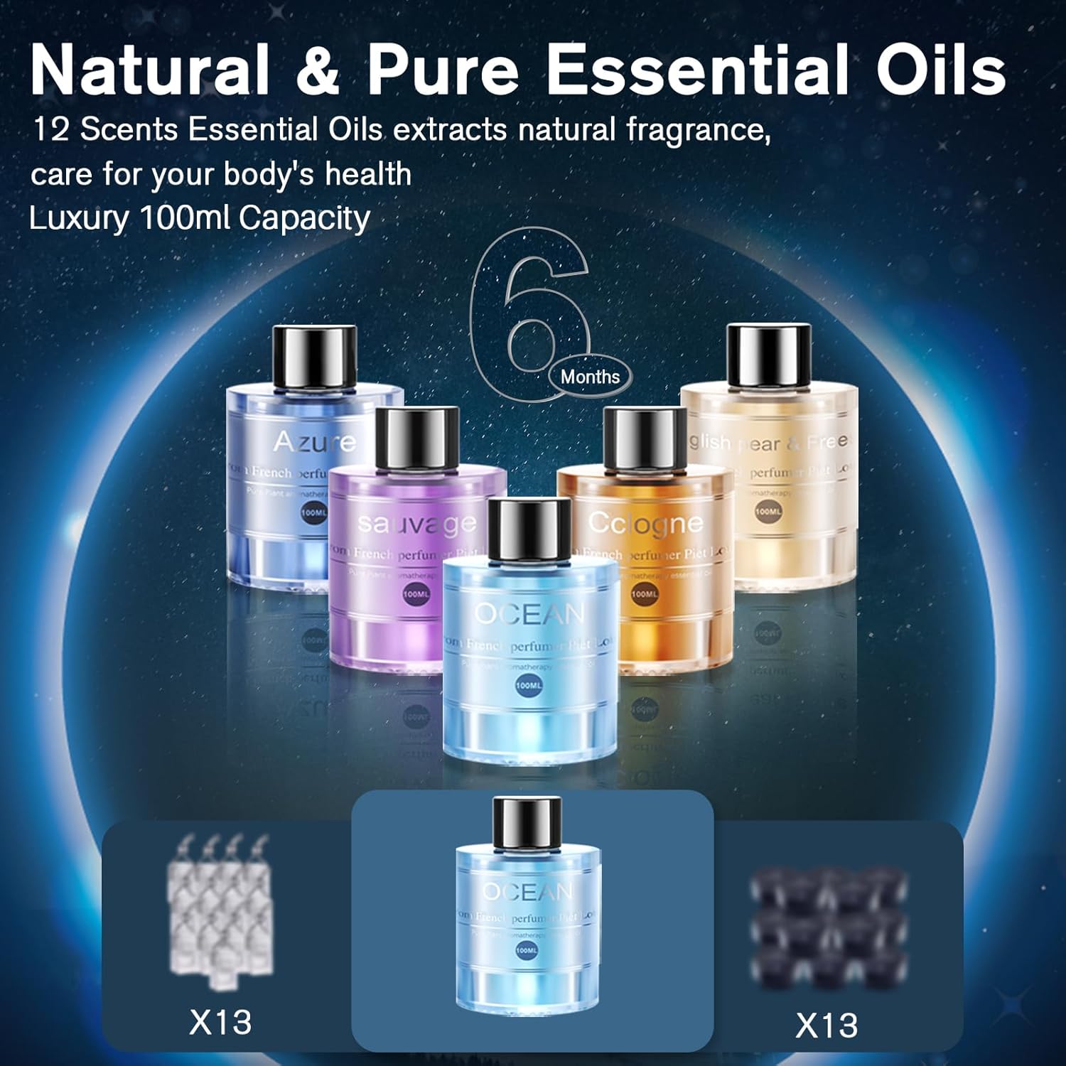 Smart Car Air Freshener, Car Air Freshener Diffuser with 100ml Perfume, Long Lasting Lasts 6 Months, RGB Music Syncing Light, Auto On/Off, 5 Adjustable Rechargeable Aroma Diffuser, Cologne