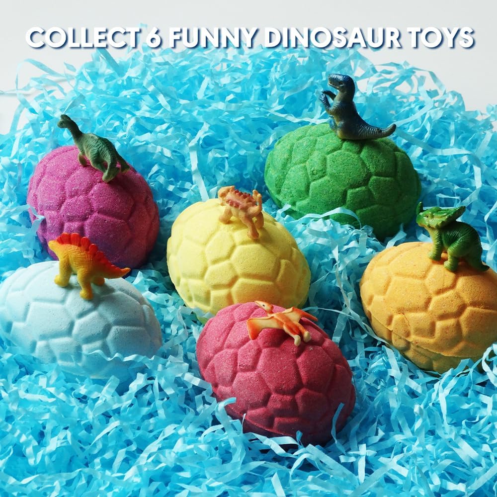 KAV Dinosaur Egg Bath Bombs for Kids – 6pc Fizzy Dino Bath Bomb Gift Set with Surprise Toy Inside – Fun Fizzy Bath Bombs for Boys & Girls, Birthday Gift, Stocking Stuffer, Kids Spa Set