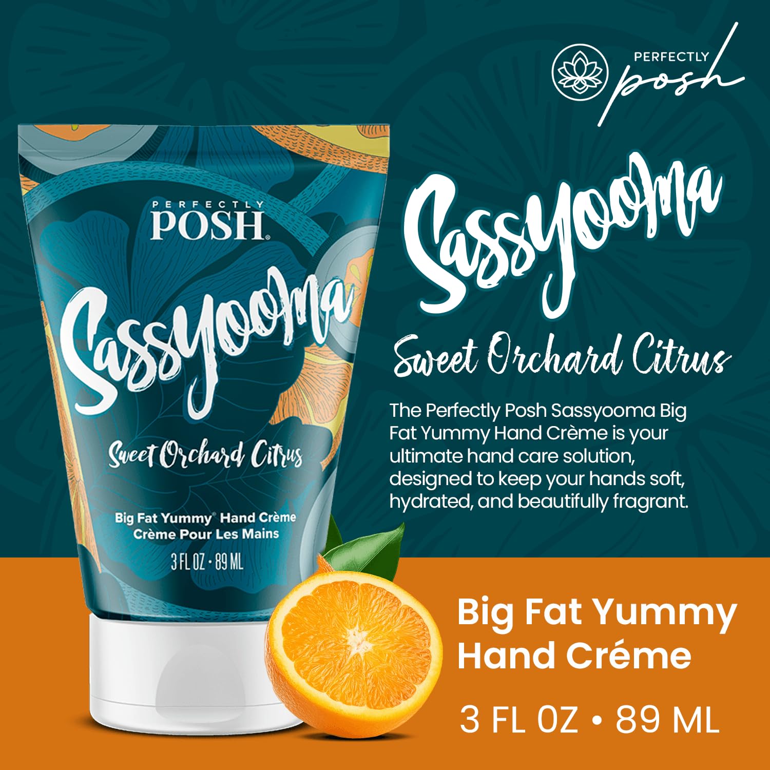 Perfectly Posh - Sassyooma Big Fat Yummy Hand Crème - Non-Greasy Hand Cream with Apricot Kernel Oil, Coconut Oil and Citrus Scent - 89ml