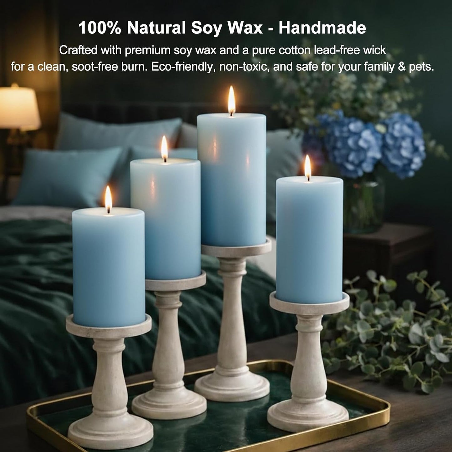 Blue Ocean Scented Pillar Candles, 3 Pack Soy Wax Pillar Candles 2 x 4 Inch, 35 Hour Long Burning Decorative Candles for Home Decor, Bathroom, Spa, Relaxation and Gifts