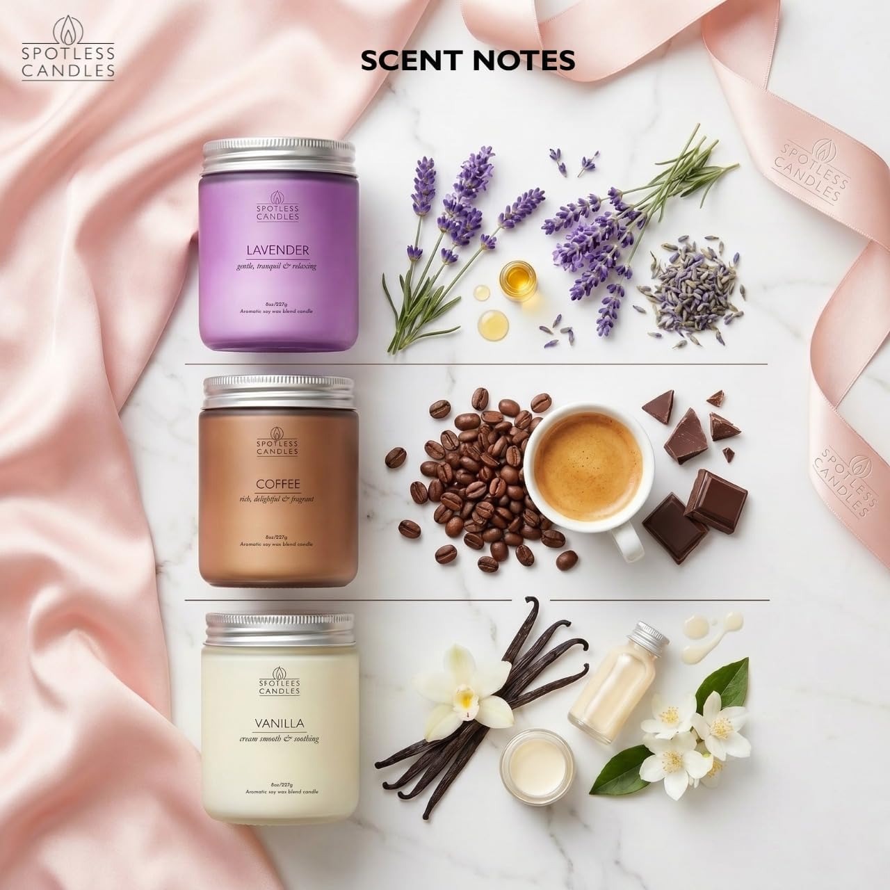 Aromatic Candles Three Pack - 3 x 8 oz Cotton Wick Candles Coloured Fosted Jars - Vanilla, Lavender and Coffee, Classic Candle Set for Men and Women by Spotless Leopard