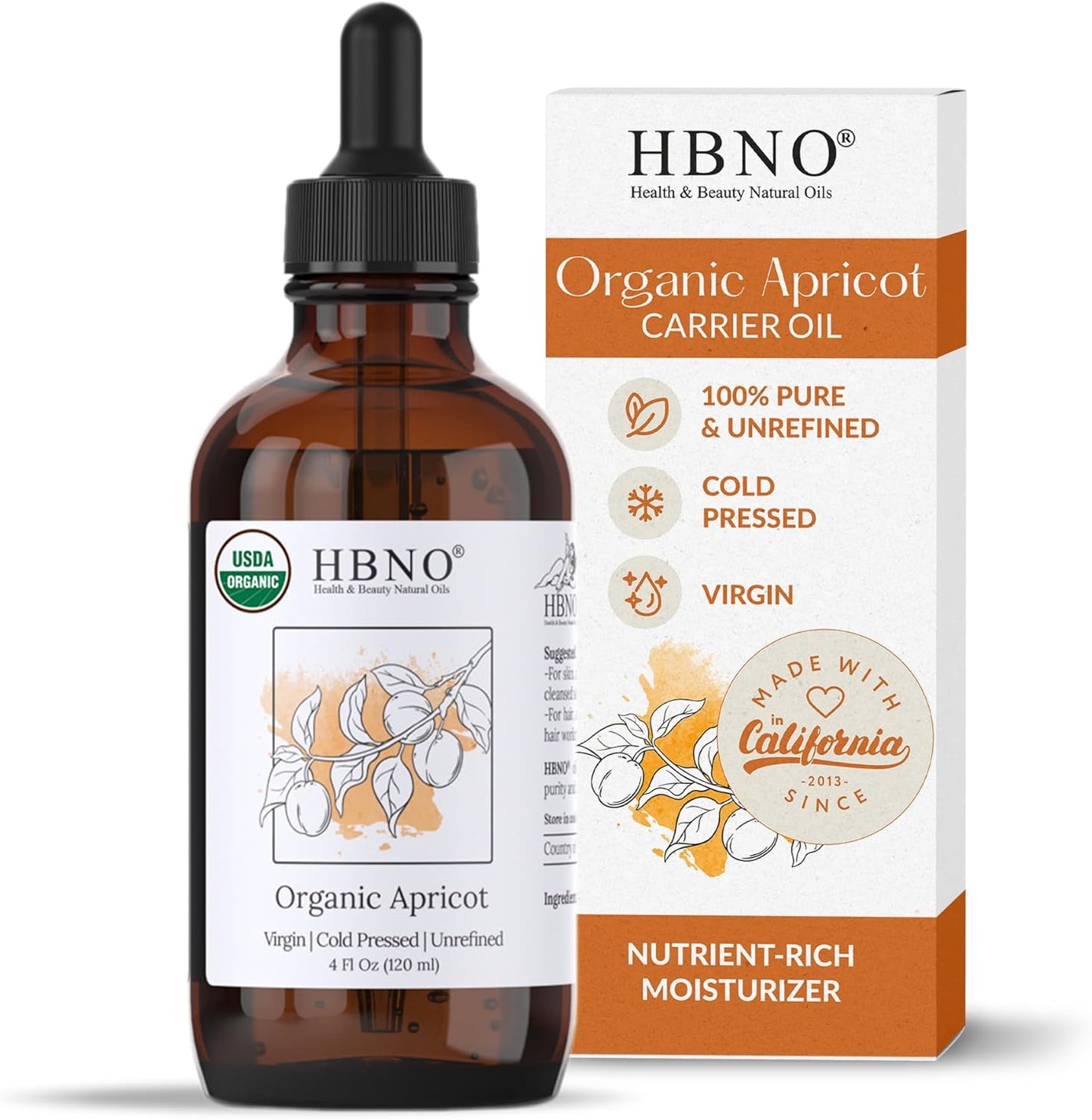 HBNO Organic Virgin Apricot Oil - 4 oz (120ml) Value Size - Ideal for Shampoos, Conditioners, Lip Balms, Face wash, Lotions, and Skin Care Products.