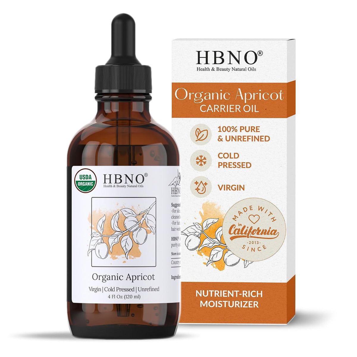 HBNO Organic Virgin Apricot Oil - 4 oz (120ml) Value Size - Ideal for Shampoos