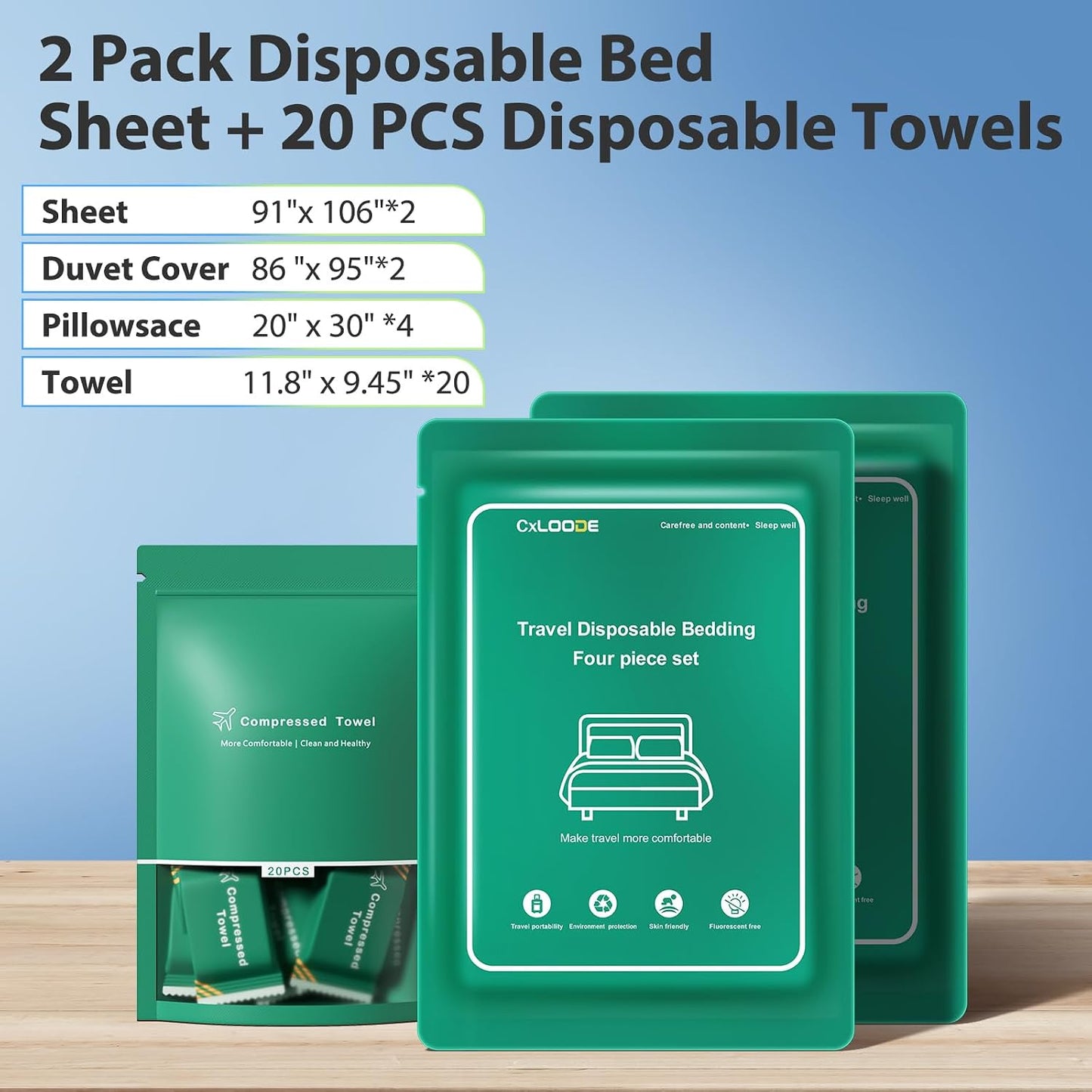 2 Pack Disposable Bed Sheet for Travel with 20 PCS Disposable Face Towels, Disposable Bed Sheets with Compressed Towel Travel Sheet for Hotel, Cruise, Trip, SPA, Camping