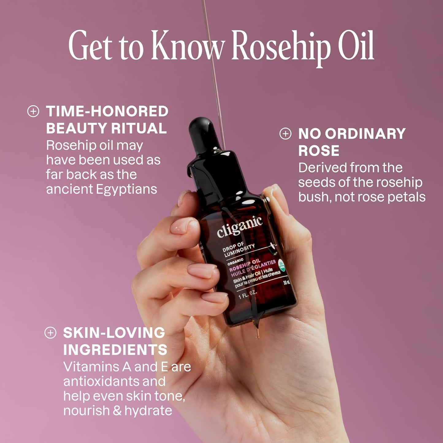 Cliganic Organic Rosehip Seed Oil for Face, 100% Pure | Natural Cold Pressed Unrefined Non-GMO | Carrier Oil for Skin, Hair & Nails