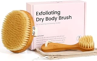 eaxun Bamboo Dry Brushing Body Brush Set, Natural Exfoliating Boar Bristle Face & Body Scrub Brush for Lymphatic Drainage, Cellulite, Blood Circulation and Glowing Skin, 2 Pack