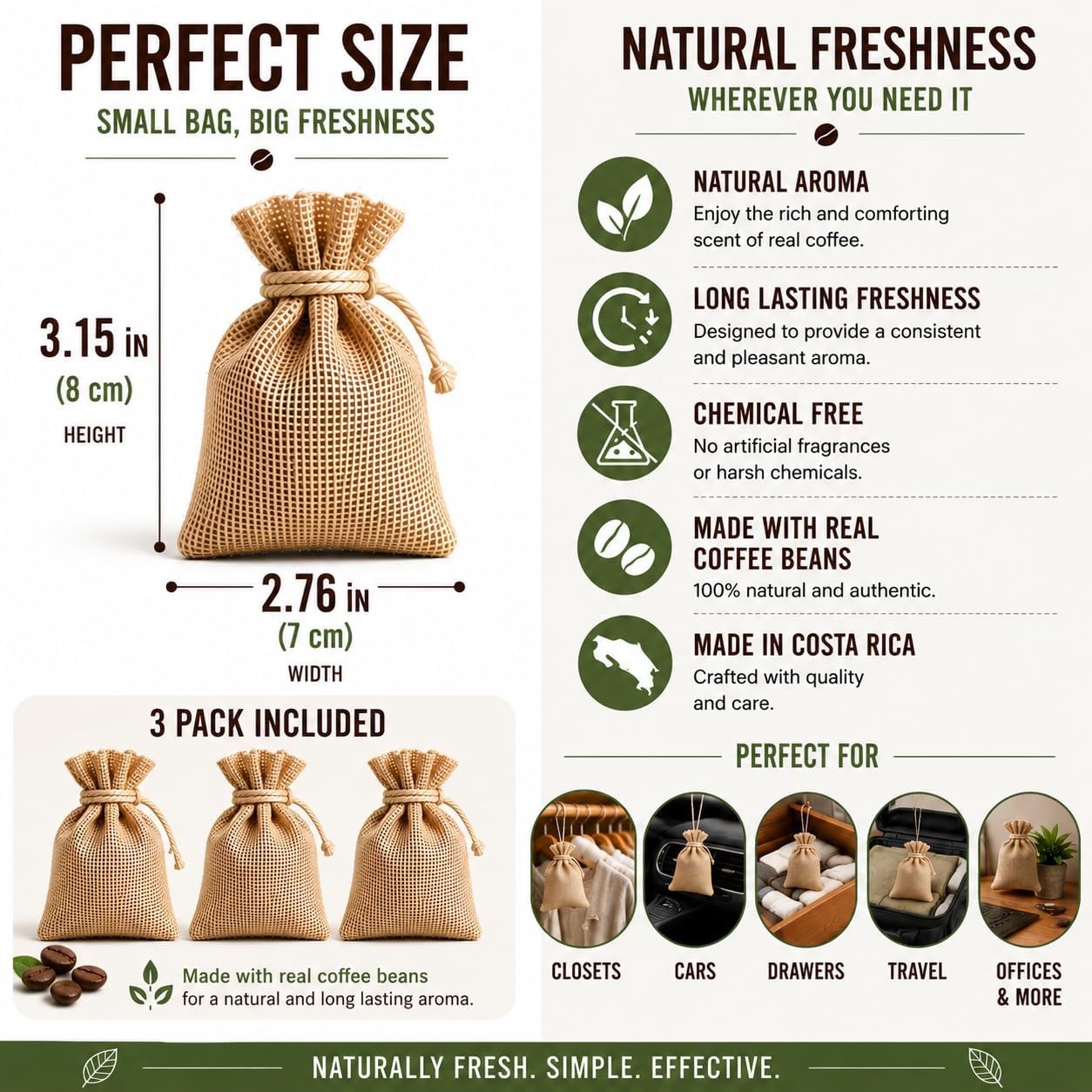 Coffee Scented Bags, Natural Coffee Aroma Air Freshener, Made with Real Beans, Long Lasting Fragrance, for Closets, Cars and Drawers, 3 Pack