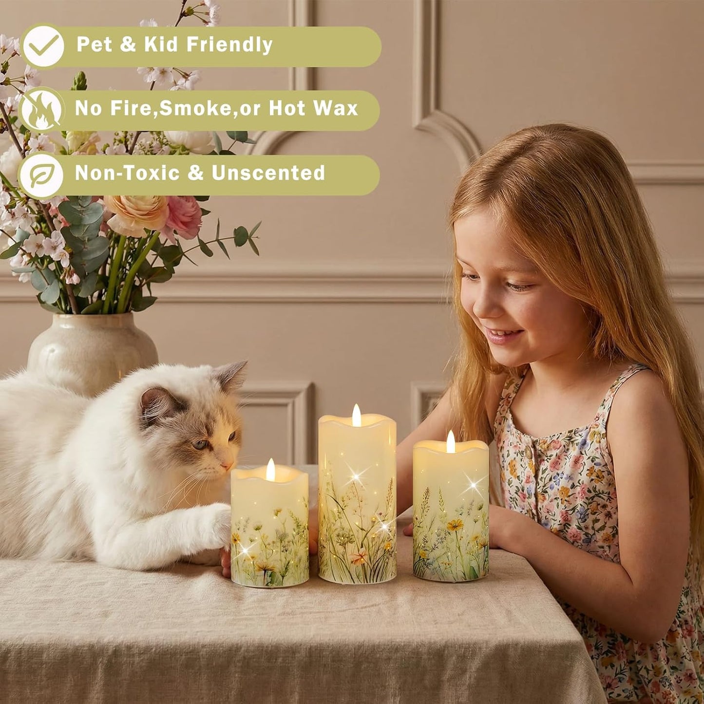 Flameless Candles, Battery Operated Floral Candles with Remote, Fiber Optic Flameless Pillar Candles Set of 3 for Spring Decorations Indoor