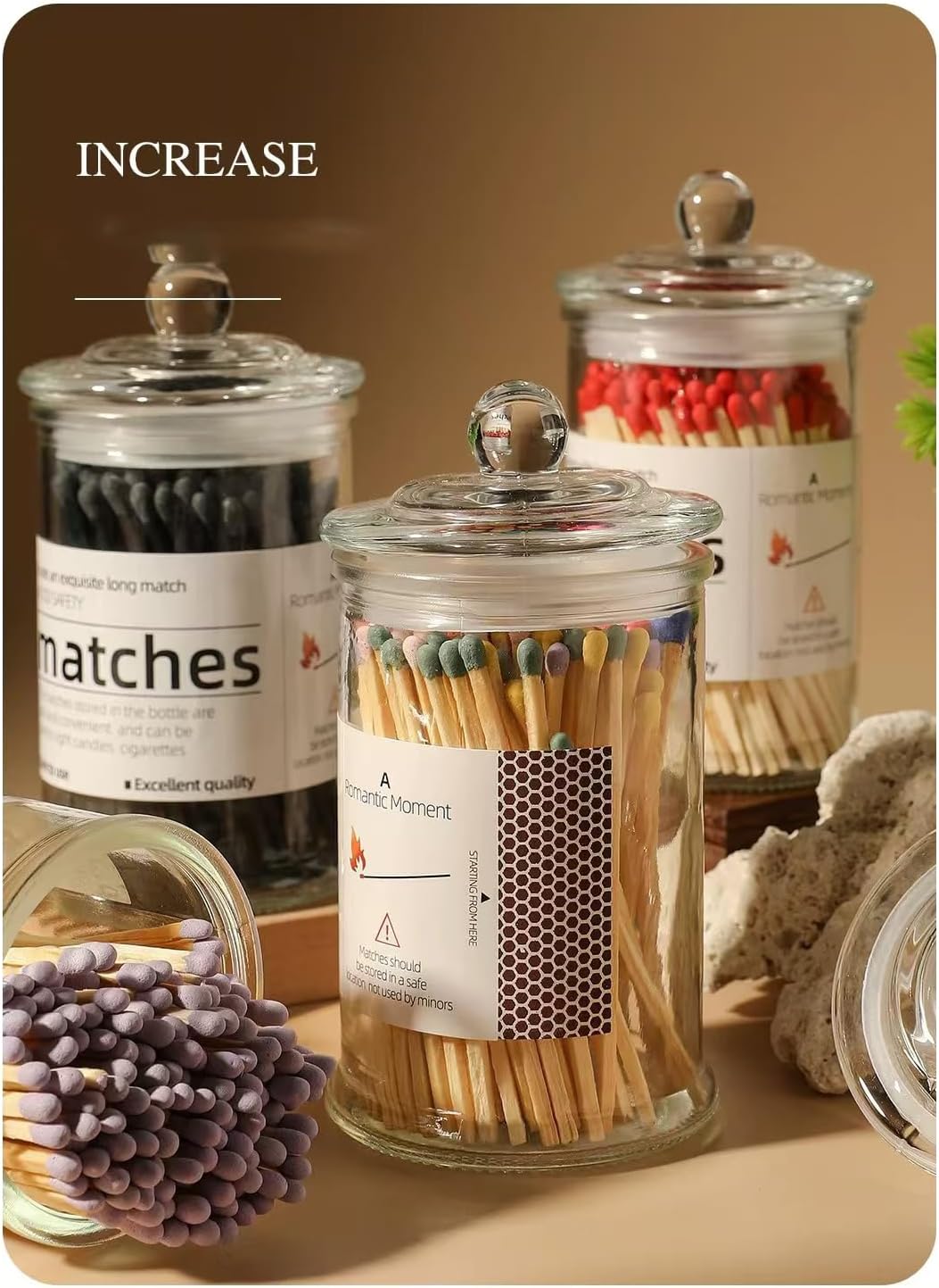 White Matches Included (150 Count 4"). Glass Match Holder with Strikers, Fireplace Matches for BBQ Grill, 150Pcs Long Wooden Safety Match for Candles
