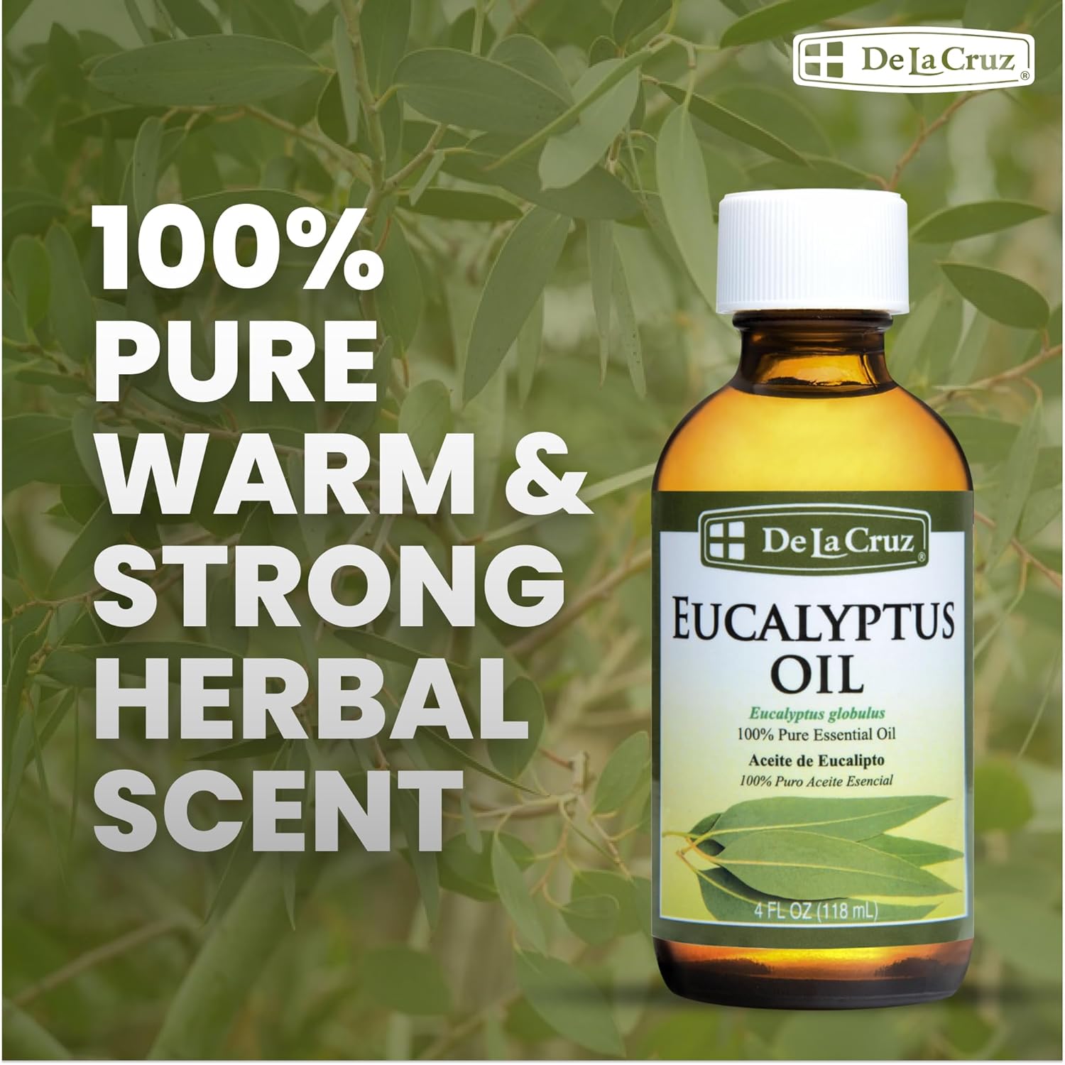De La Cruz Eucalyptus Essential Oil, 100% Pure Steam Distilled Eucalyptus Globulus, Eucalyptus Oil, Eucalyptus Essential Oil for Diffuser, 4 FL OZ, Aromatherapy, Tree Oil,Long Lasting Scent