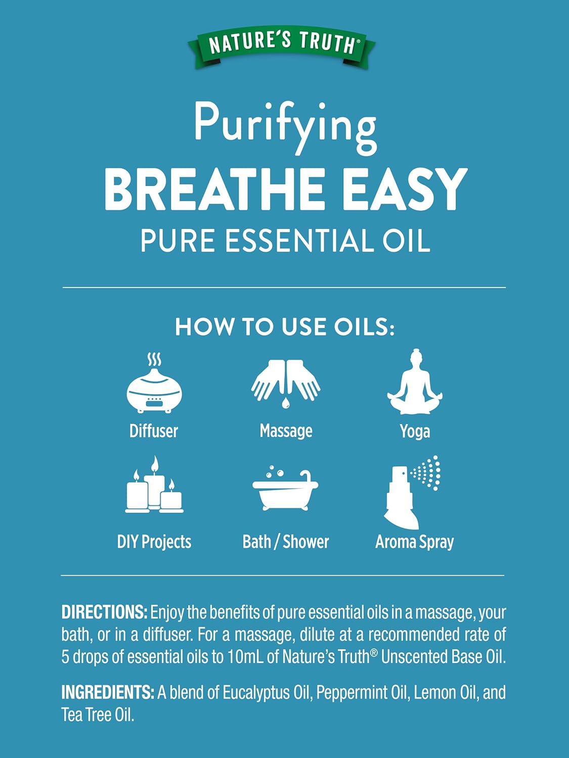 Nature's Truth Breathe Easy Essential Oil Blend | 15 mL | with Eucalyptus, Peppermint, Lemon, and Tea Tree Oils | for Aromatherapy | Pure Plant Based, Non-GMO & Gluten Free