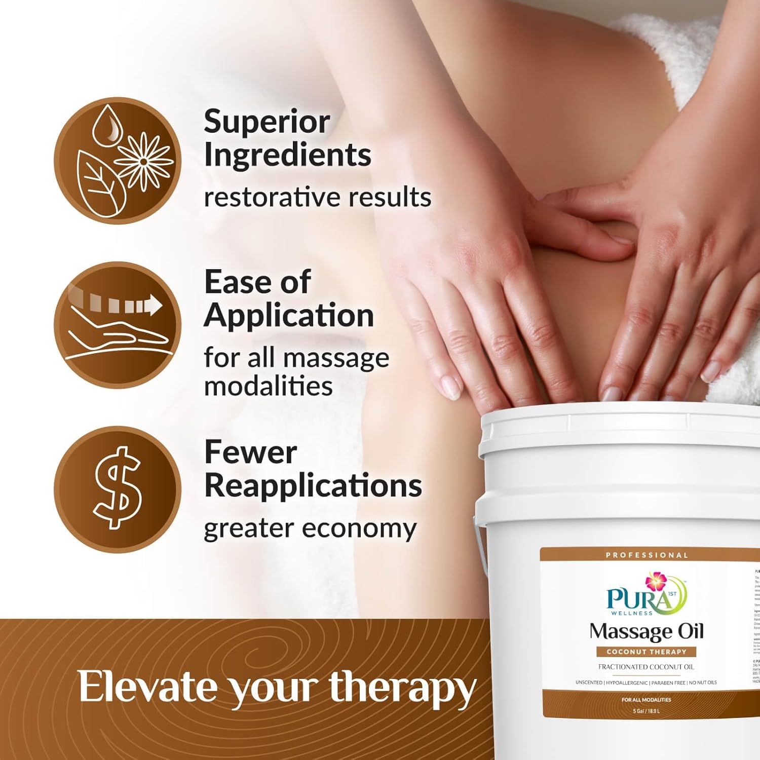 Coconut Therapy 5 Gallon Massage Oil, Coconut Oil, Professional, Massage Therapy, Deep Tissue, Unscented, Natural Ingredients, Skin Hydrating, Moisturizing, Muscle Relief, for Bruising