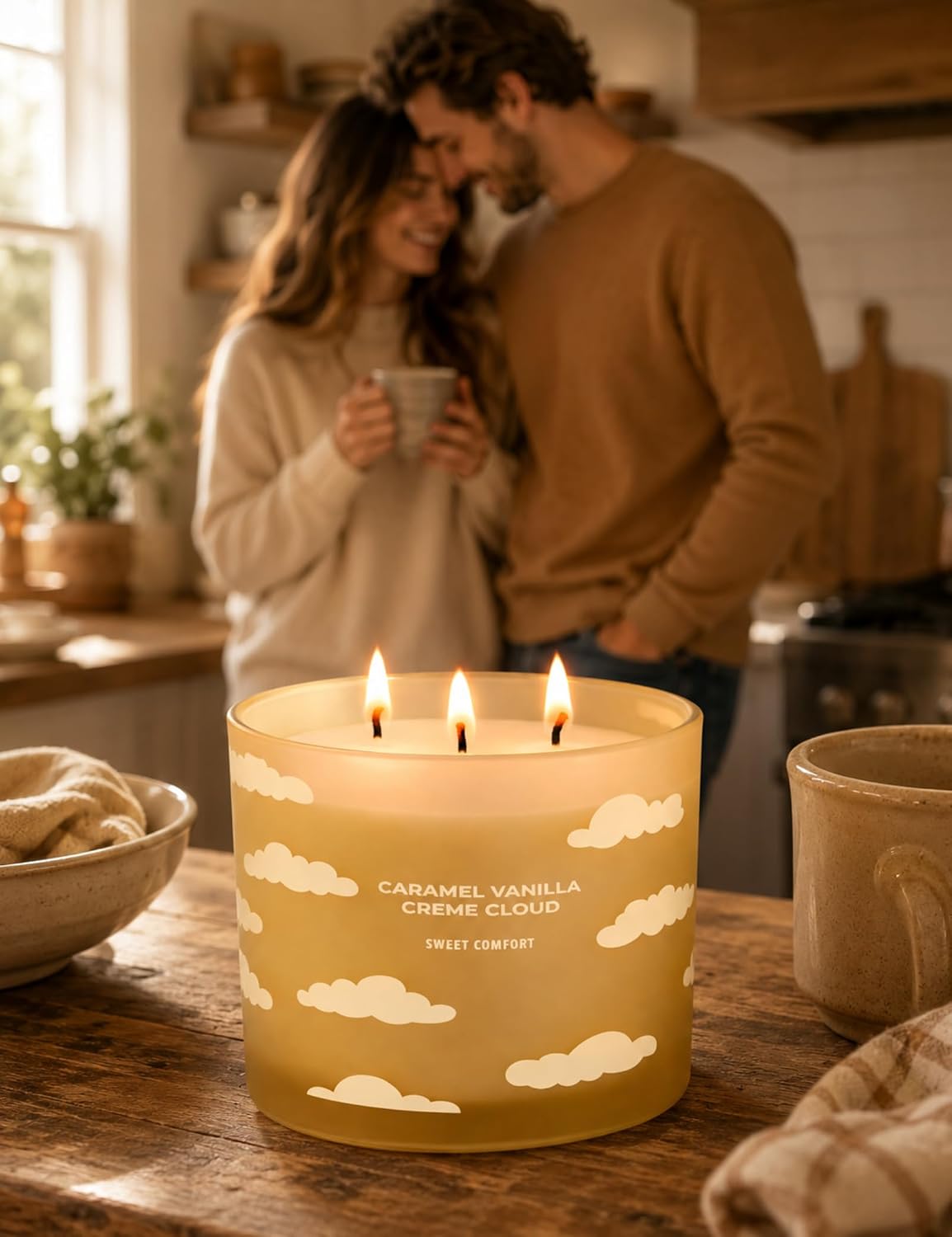 Caramel Vanilla Creme Scented Candle | Large 3 Wick Scented Soy Candle for Home | 14.5oz Warm Vanilla Caramel Candle | Creme Brulee Toffee Candles | Long Lasting Clean Burn | Gift for Women & Men