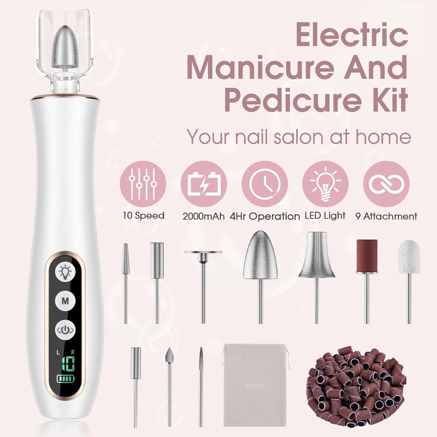 Hoxida Cordless Electric Nail Drill: 10-Speed Professional Nail File with 360° LED Light for Manicure Shaping & Gel Removal, Nail Art Practice Essentials,Home DIY & Portable Travel Use