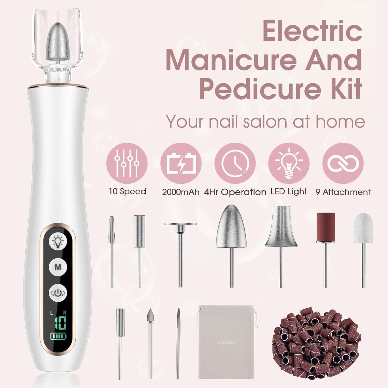 Hoxida Cordless Electric Nail Drill: 10-Speed Professional Nail File with 360° LED Light for Manicure Shaping & Gel Removal, Nail Art Practice Essentials,Home DIY & Portable Travel Use