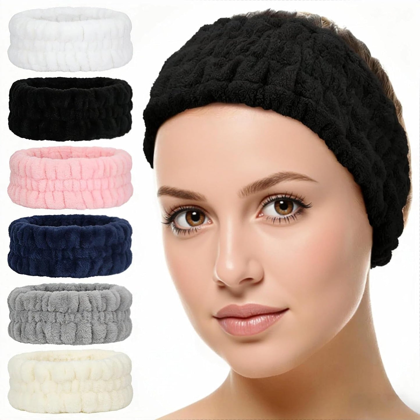 hexiaoxiao 6 Pack Microfiber Spa Headband Elastic Skin-Friendly No Slip Hairband for Women Face Wash Skincare Yoga Makeup Daily Use (White/Black/Pink/Navy/Gray/Milk White)