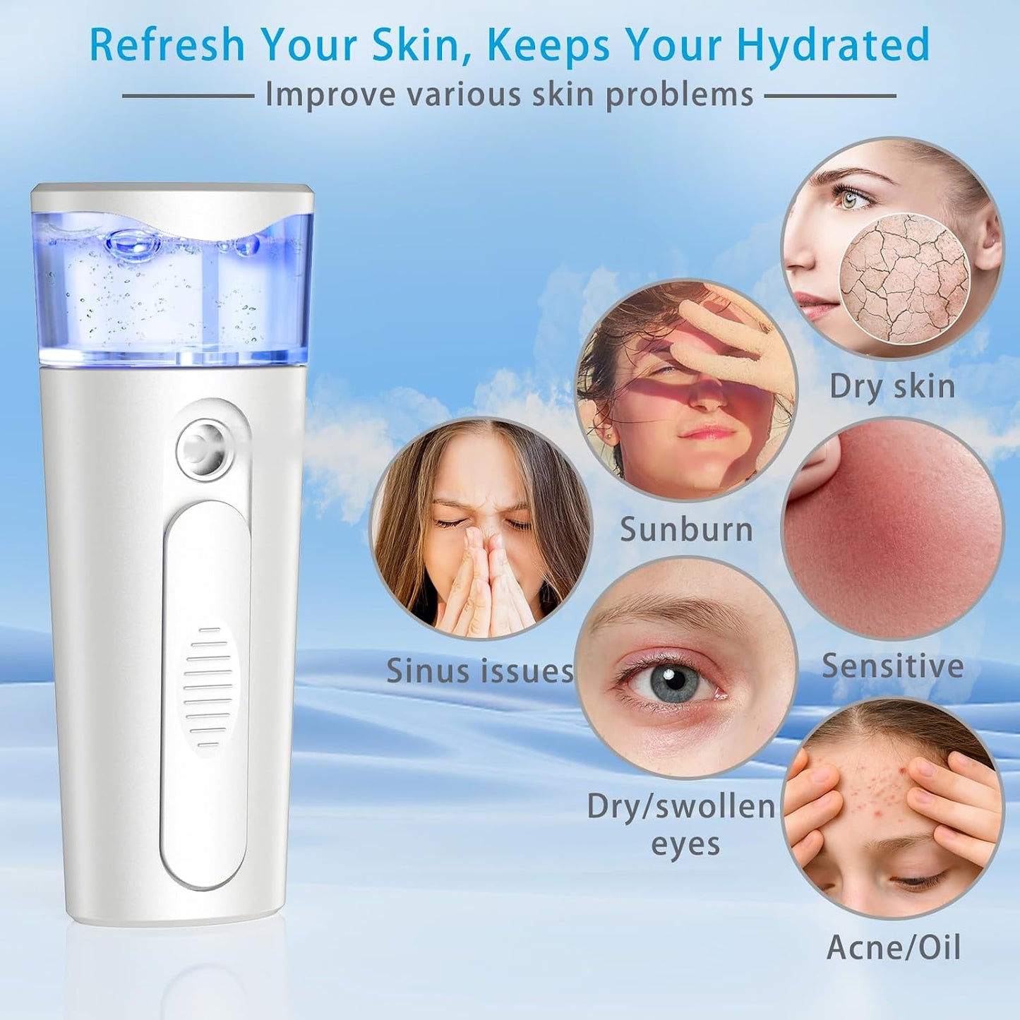 withthesun Portable Nano Face Mister, Facial Steamer, USB Rechargeable Cool Mist Sprayer, 40ml Visual Water Tank, Nano Mister for Eyelash Extensions, Facial Deep Cleaning, Makeup (White)