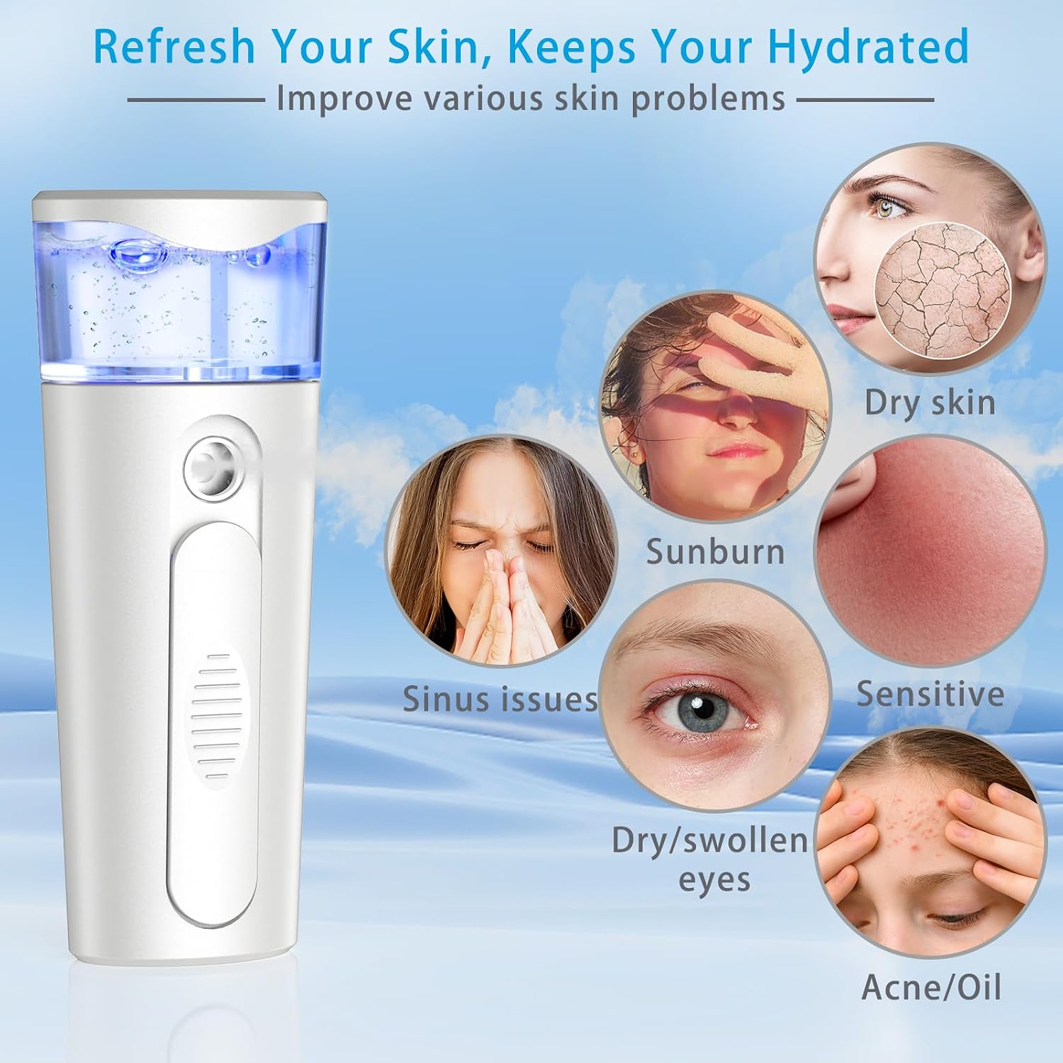 withthesun Portable Nano Face Mister, Facial Steamer, USB Rechargeable Cool Mist Sprayer, 40ml Visual Water Tank, Nano Mister for Eyelash Extensions, Facial Deep Cleaning, Makeup (White)