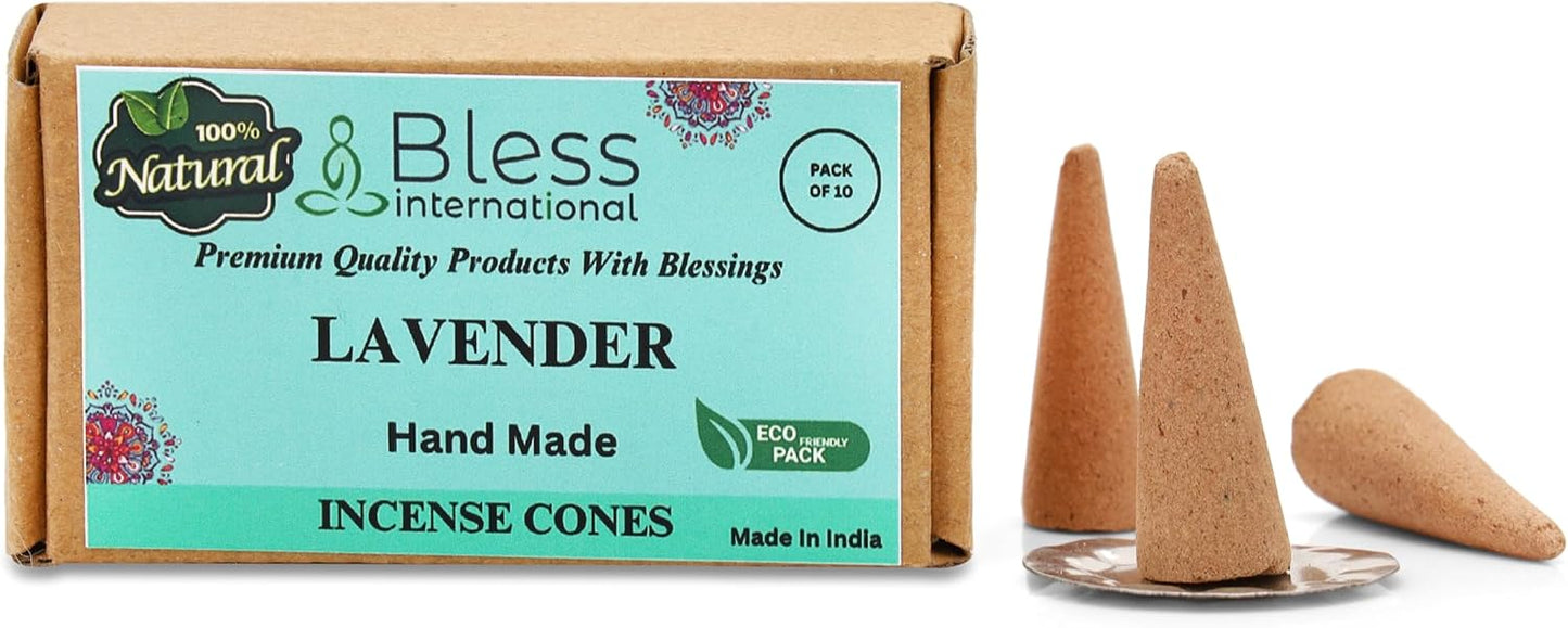 Bless International Lavender 100%-Natural-Incense-Cones Handmade-Hand-Dipped Organic-Chemicals-Free for-Purification-Relaxation-Positivity-Yoga-Meditation The-Best-scents (10 Count)