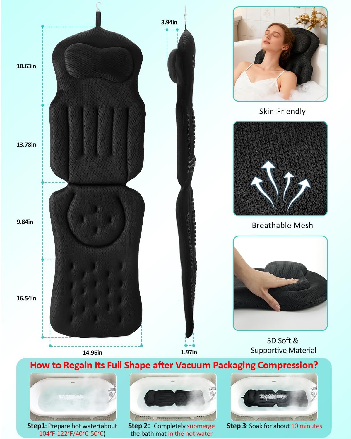 Full Body Bath Pillow for Bathtub, 5D Thick Tub Pillow for Bathtub with 192 Non-Slip Suction Cups, Laundry Bag & Hook, Bathtub Pillow for Head, Neck & Back Support (Black, 51"*15")