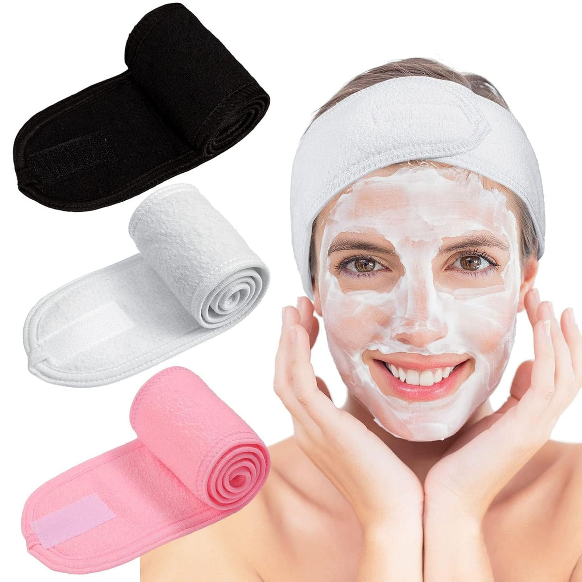 Whaline 3Pcs Spa Facial Headband Make Up Terry Cloth Headband Adjustable Washable Towel for Shower Makeup Face Washing Skincare Facial Treatment Sport Fits (White, Black, Pink)