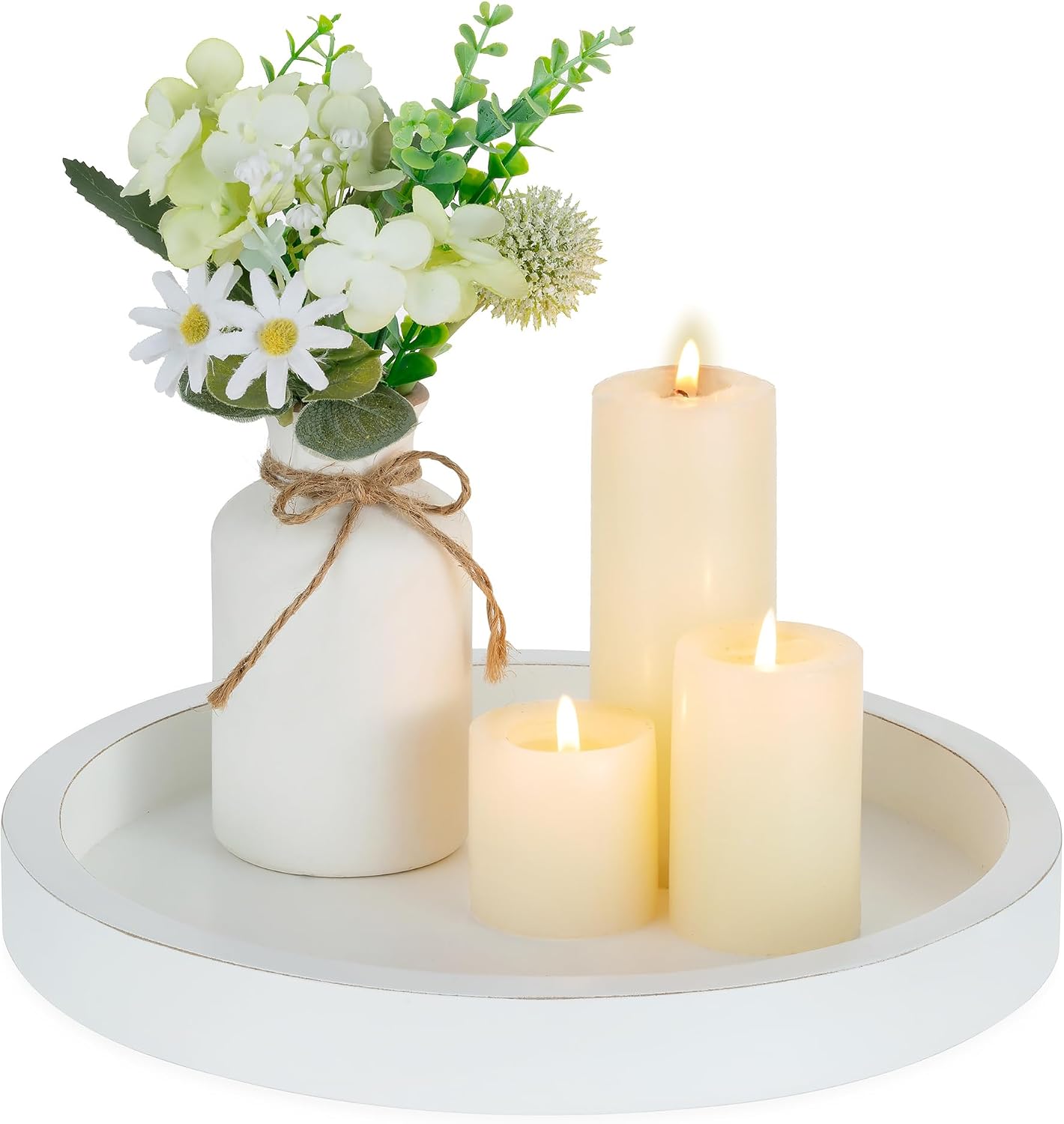 Hanobe Decorative Tray for Coffee Table: Wood Candle Holders Plate Round Rustic Trays for Ottoman Centerpiece Home Decor Living Room Kitchen Corner Organizer White