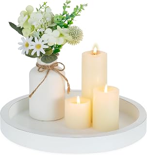 Hanobe Decorative Tray for Coffee Table: Wood Candle Holders Plate Round Rustic Trays for Ottoman Centerpiece Home Decor Living Room Kitchen Corner Organizer White