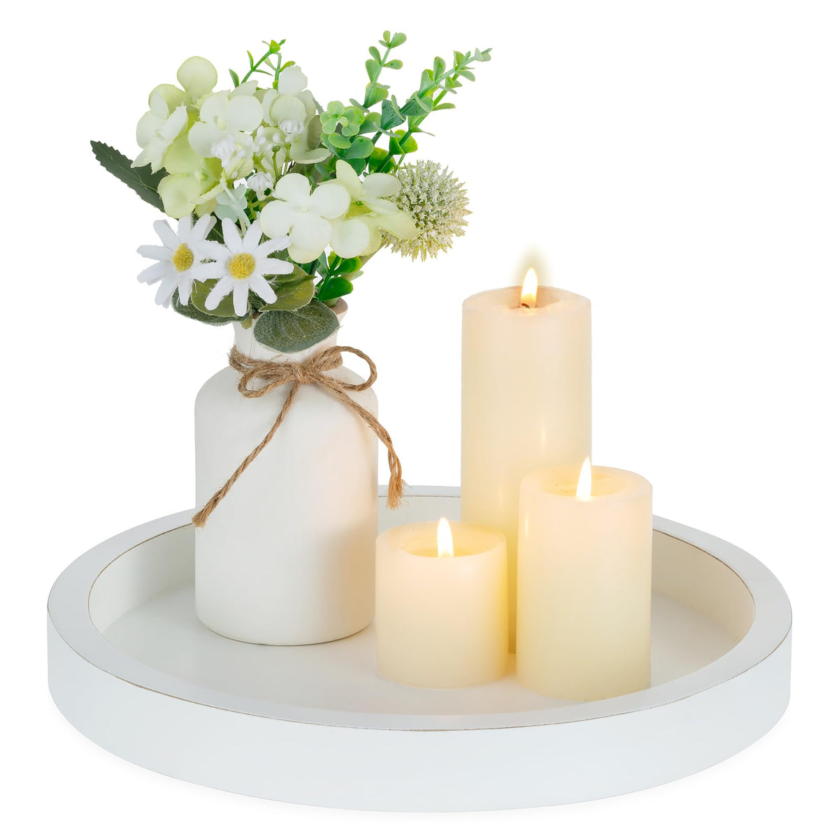 Hanobe Decorative Tray for Coffee Table: Wood Candle Holders Plate Round Rustic Trays for Ottoman Centerpiece Home Decor