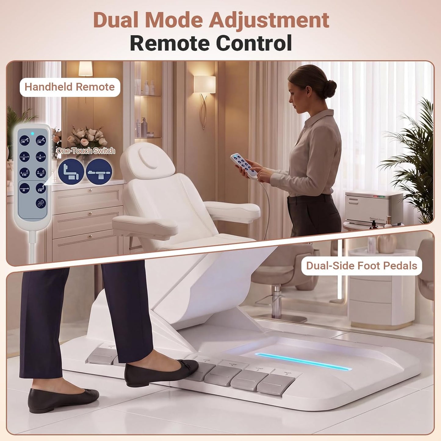Fully Electric Massage Table, 3 Motor Adjustable Electric Esthetician Bed w/Dual-Side Foot Pedals, Handheld Remote & LED Light for Beauty Tattoo Spa Medical Treatment, Stool Included, White