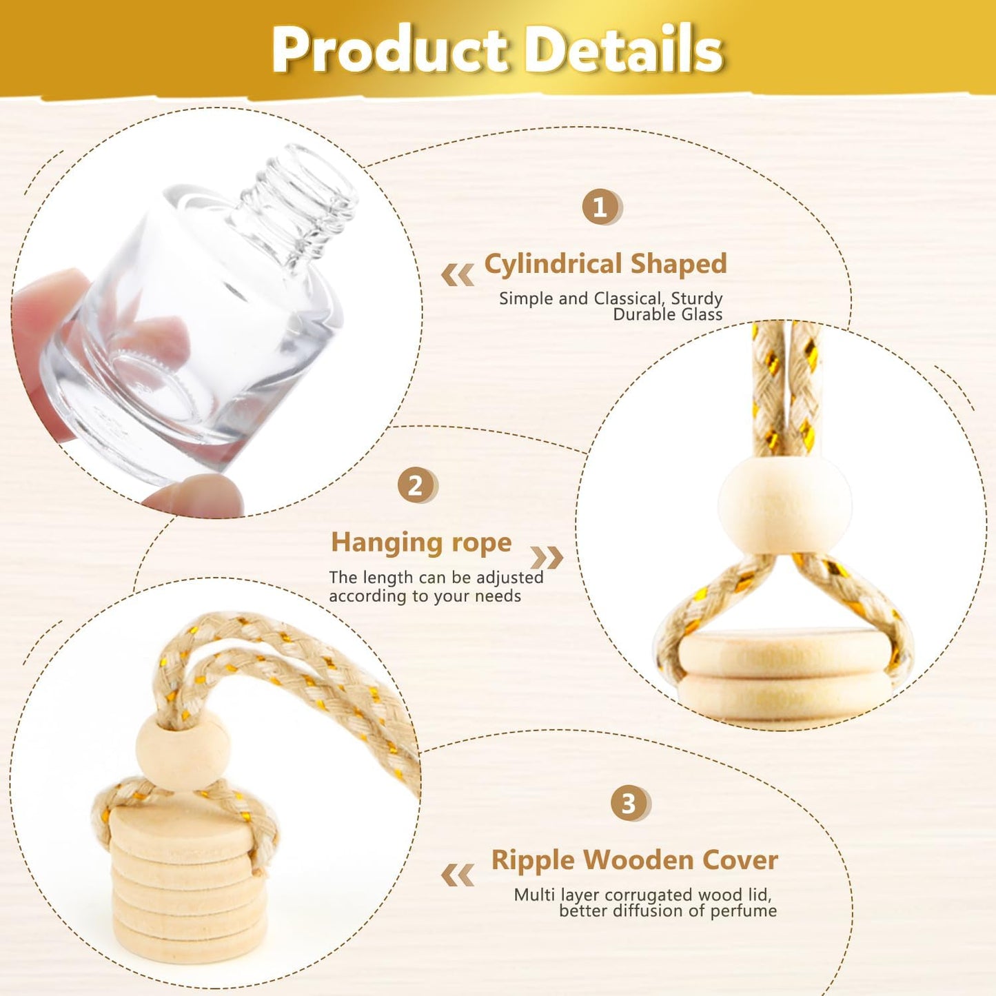 100 Pcs 8ml Hanging Car Air Freshener,Empty Clear Glass Essential Oil Diffuser Perfume Aromatherapy Pendant Bottle Vials Ornament Decor with Wooden Caps & Hanging String-Cylindrical Shape