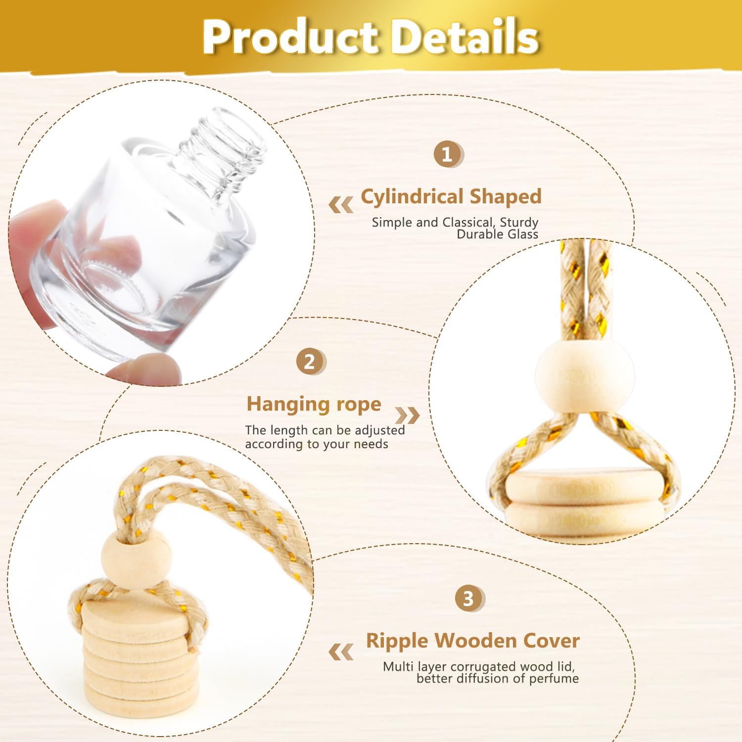 100 Pcs 8ml Hanging Car Air Freshener,Empty Clear Glass Essential Oil Diffuser Perfume Aromatherapy Pendant Bottle Vials Ornament Decor with Wooden Caps & Hanging String-Cylindrical Shape