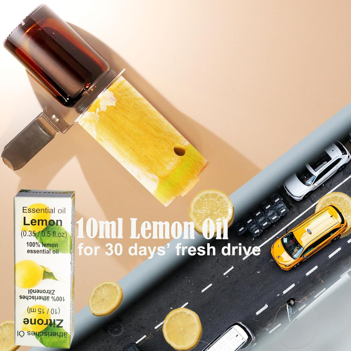 Refillable Lemon Car Scent 30 Days’ Odor Fighting Non-toxic Strong Natural Fresh Fragrance, Vent Clip Wood Diffuser & Pure Essential Oils Auto Air Freshener (1x Beech Diffuser + 10ml Oil)
