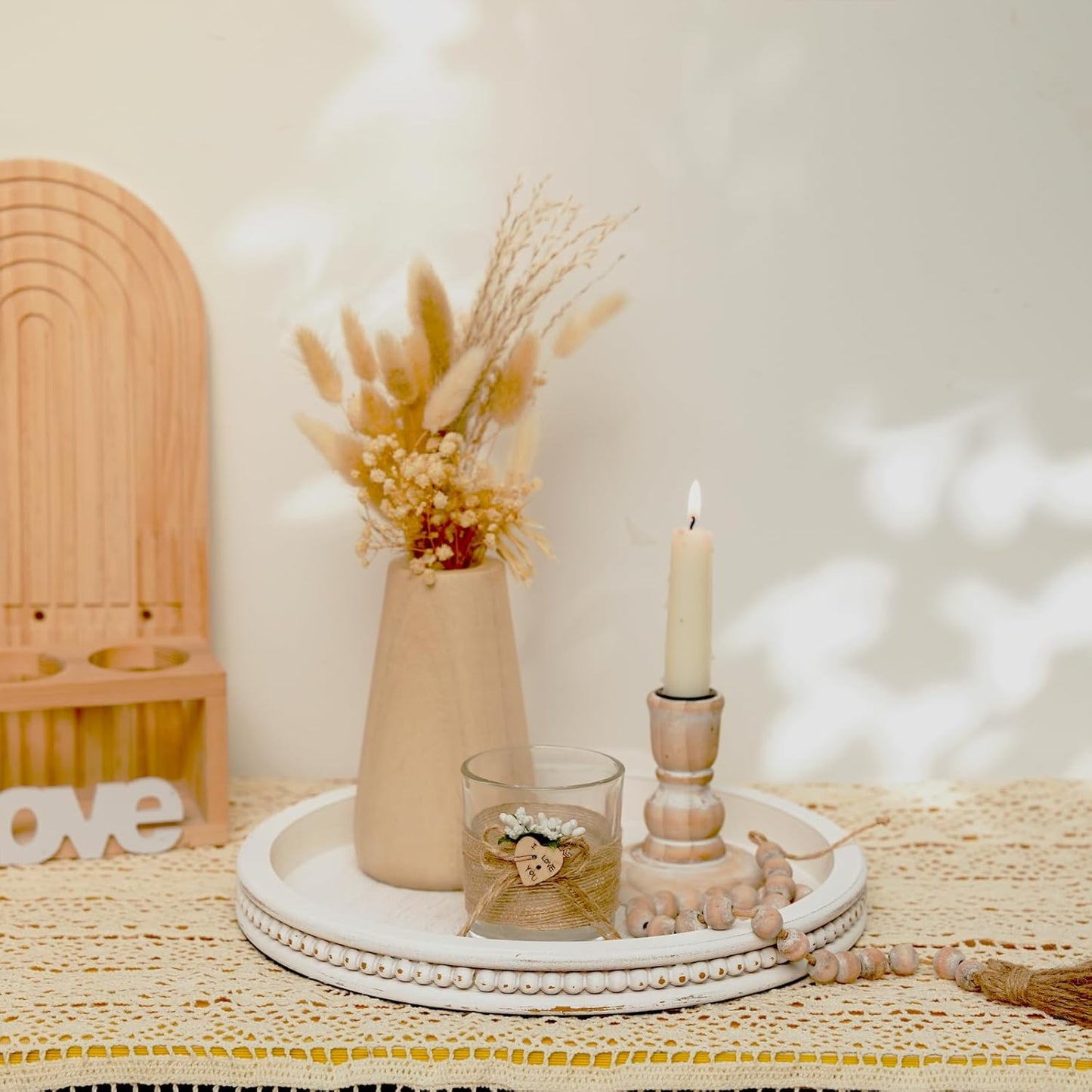 Farmhouse Wood Tray Candle Holder - Romadedi Bead Round Wooden Decorative Tray for Coffee Table Decor Serving Trays Kitchen Counter Rustic Centerpiece for Living Room Home Organizer, White Washed