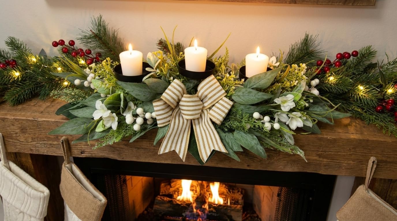 Svndlyn 26 Inch 3 Candle Holder Centerpiece with Greenery and Striped Bow | Faux Greenery, White Flowers, Berries and Eucalyptus Leaves for Table Mantel and Holiday Decor