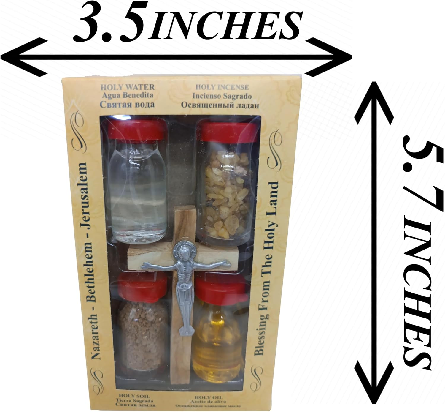Zuluf Holy Land Set 5 in 1 Olive Wood Cross Set with 4 Bottles - Oil, Jordan Water, Holy Earth and Incense from Jerusalem | Catholic Orthodox Blessing Set from Israel | Religious Israel Gift HLG005