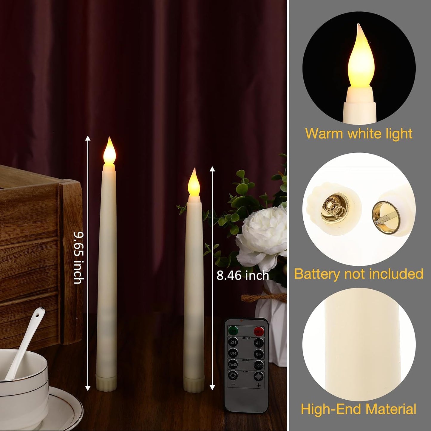 Tuanse 50 Pcs Flameless Taper Candles with Remote Timer and Dimmer Ivory Battery Operated CandleSticks LED Flickering Flameless Candle for Wedding Home Christmas Halloween Party Decor (8.5 Inch)