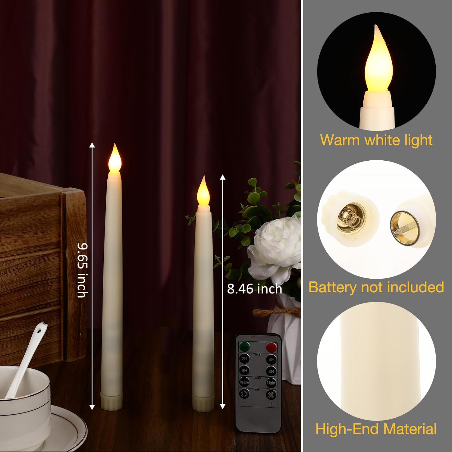 Tuanse 50 Pcs Flameless Taper Candles with Remote Timer and Dimmer Ivory Battery Operated CandleSticks LED Flickering Flameless Candle for Wedding Home Christmas Halloween Party Decor (8.5 Inch)