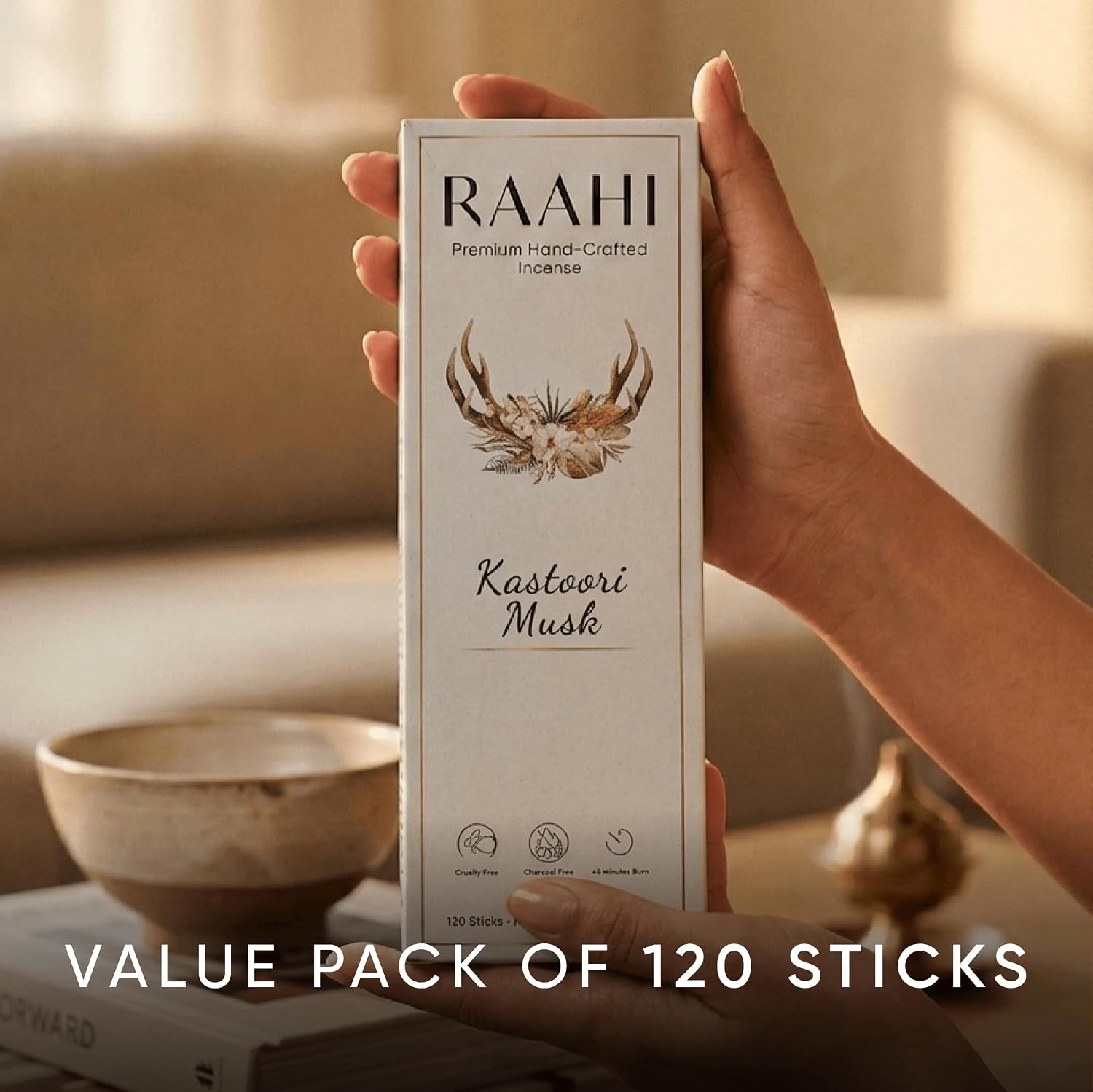 RAAHI Kastoori Musk Incense Sticks with Holder, 120 Count, Handcrafted Scented Incense for Home Fragrance, Meditation, Yoga and Room Ambiance