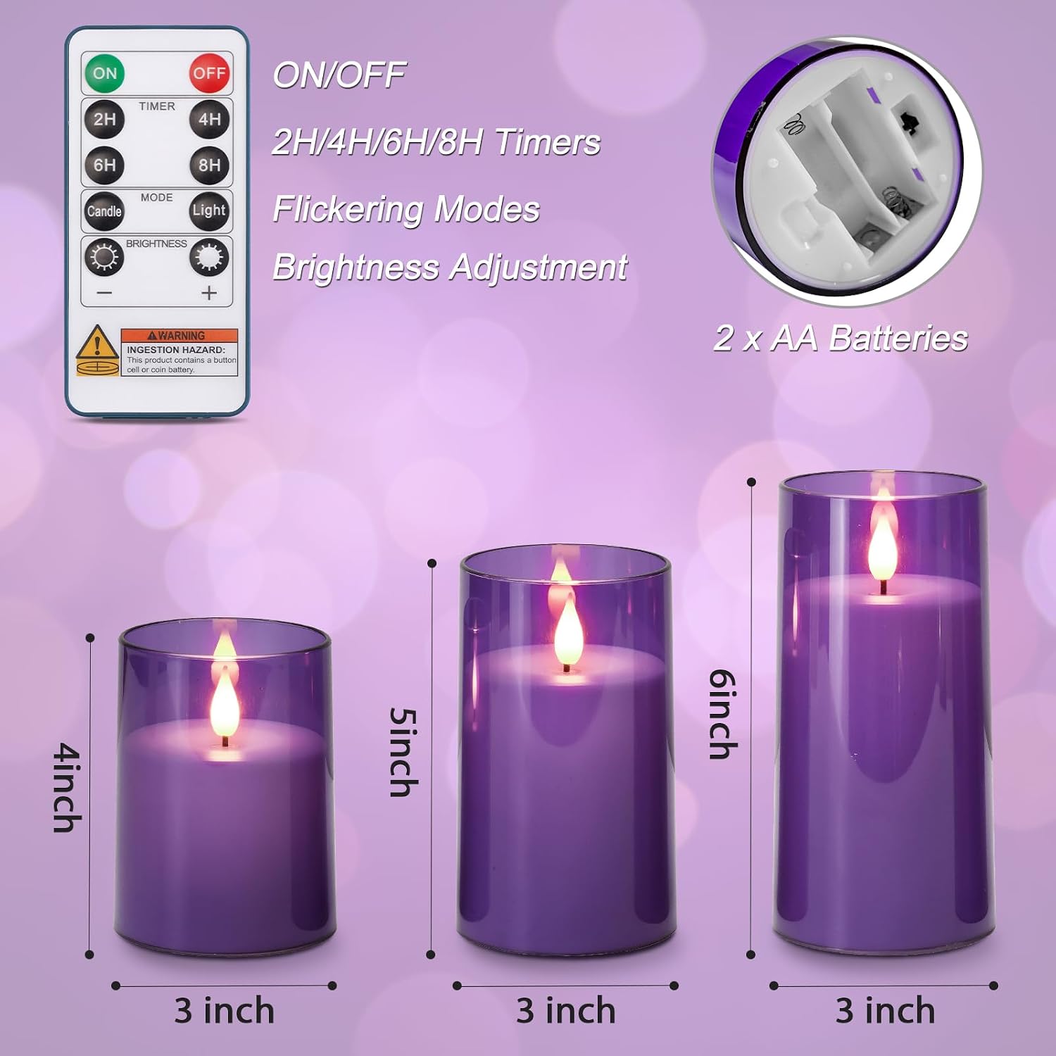 Homemory Purple Flameless Candles, Flickering Battery Operated LED Pillar Candles with Remote Timer, Acrylic Violet Fake Candles, Decorative Candles for Home Wedding Party Halloween Decor, Set of 3