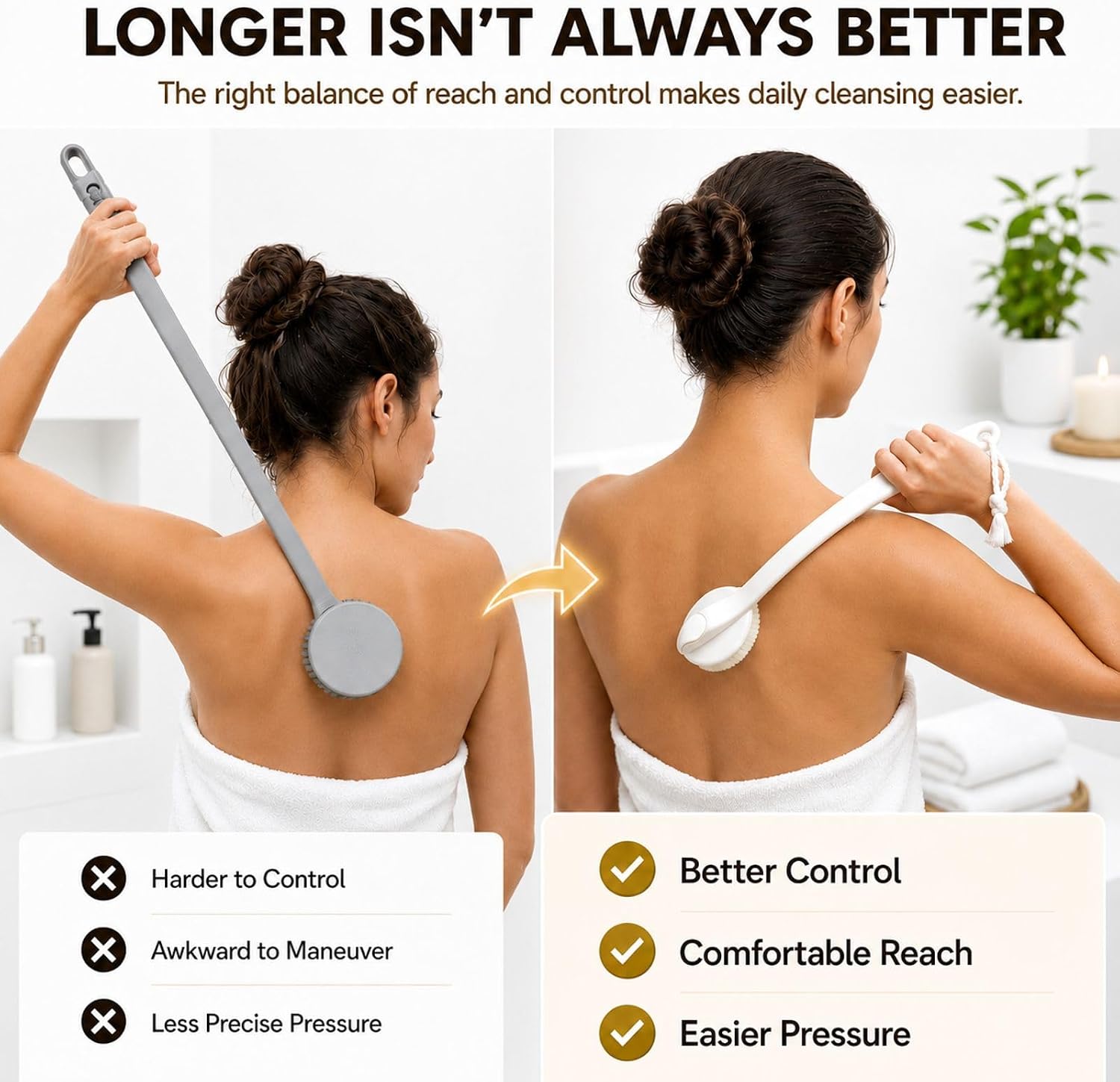 Lequin 14-Inch Handle Bath Brush for Shower, Detachable Back Scrubber with Medium Firm Bristles,Wet or Dry Brushing Body Brush, Exfoliating Shower Scrubber for Back, Legs, Arms and Feet