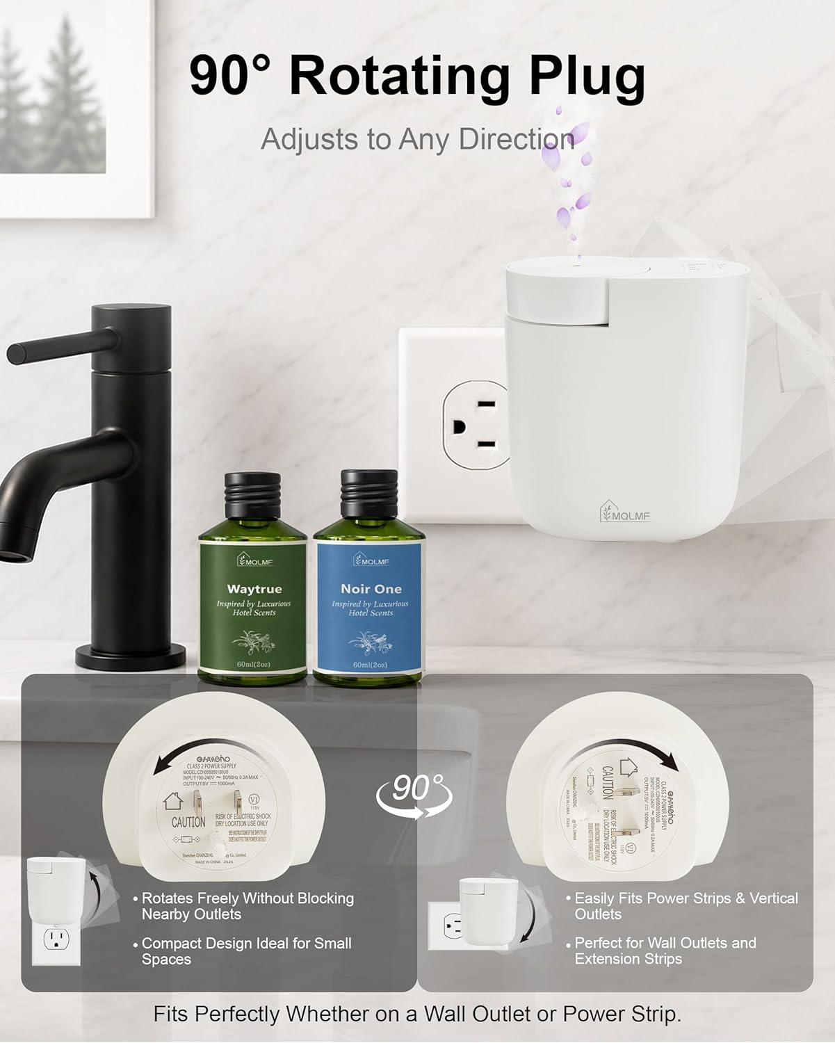Waterless Plug in Diffuser, 800 Sq Ft, No Wobble Secure Wall Fit, Adjustable Timer & Scent Intensity,App Control,Essential Oil Plug in Wall Diffuser, Includes 2 x 60ml Fragrance Oils, White