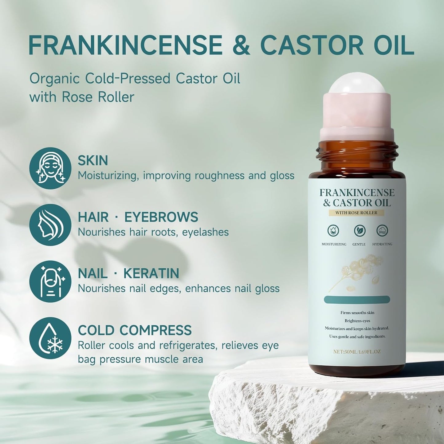 Organic Frankincense & Castor Oil Roll On 1.69oz, 100% Pure Hexane Free, Lightweight Non Greasy Fast Absorbing, Superior Texture Hydrating Oil for Face Under Eye Brows Lashes, Vegan Premium Care