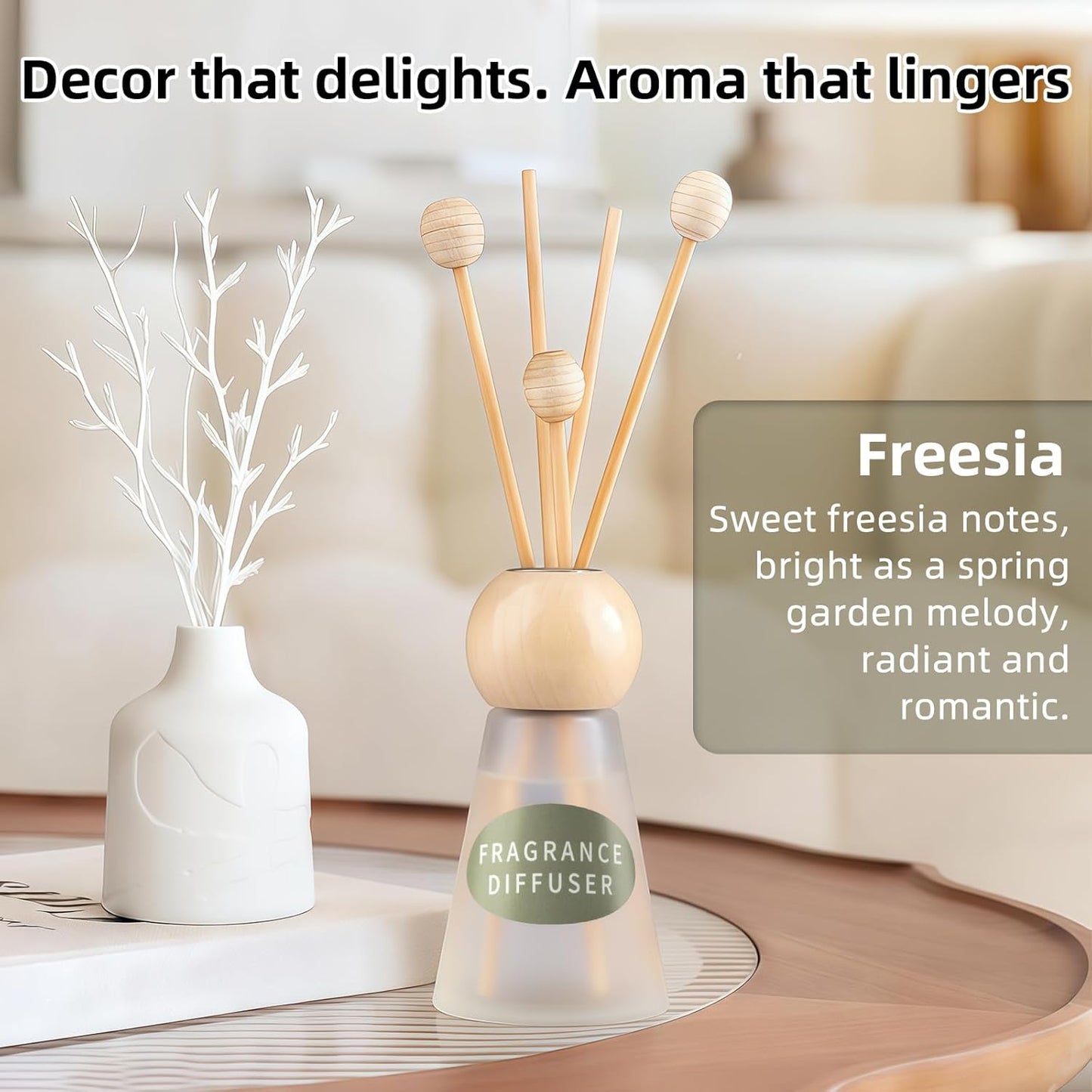 Reed Diffuser Set, Freesia Scent with Reed Sticks, 1.7 fl oz / 50ml Cone-Shaped Bottle with Round Wooden Cap, Ideal for Bathroom, Bedroom, Office, Home Fragrance for Shelf Decor Air Freshener
