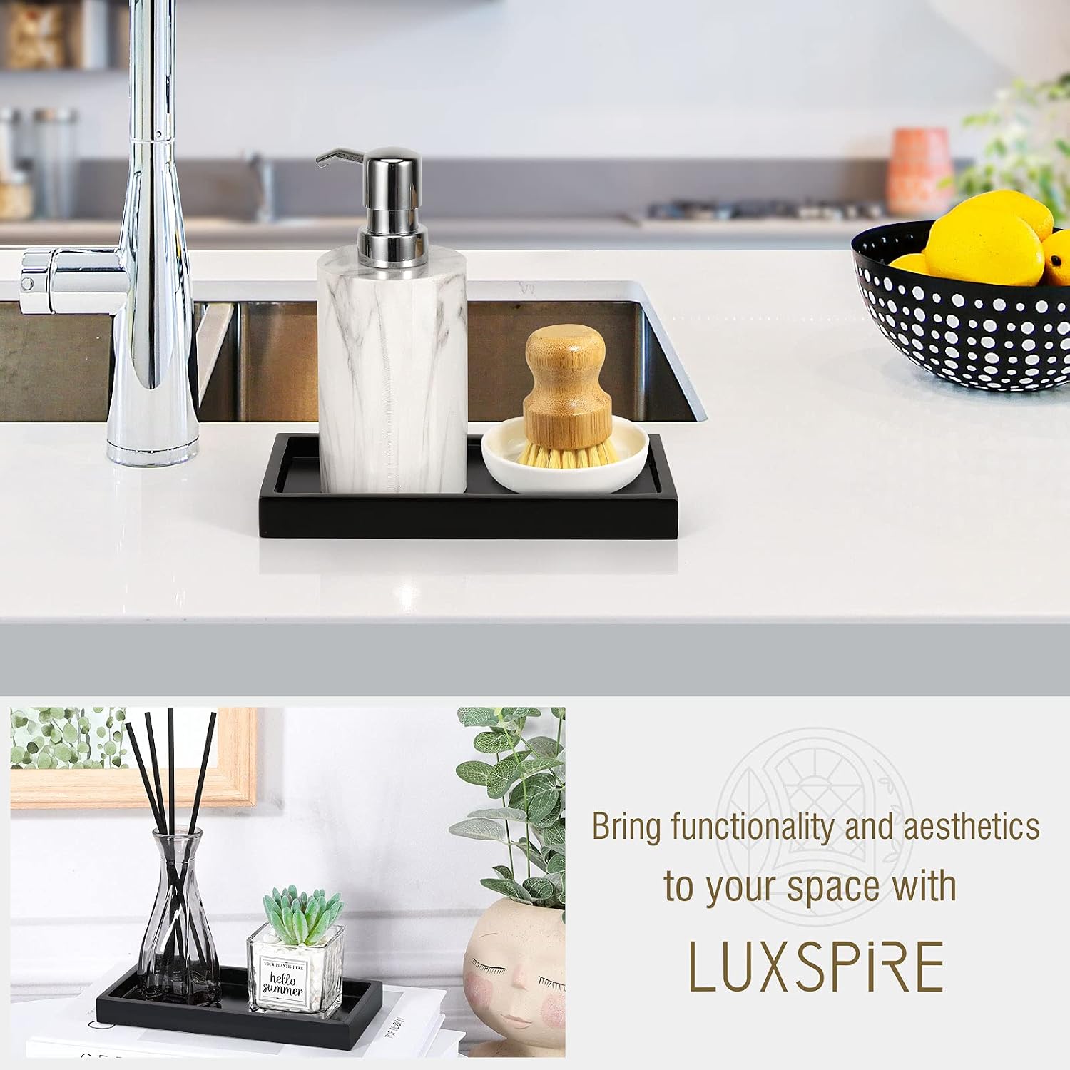 Luxspire Bathroom Vanity Tray, 8 x 4 inch Resin Dresser Jewelry Ring Dish Tank Storage Kitchen Sink Countertop Organizer Plate Holder for Perfume Soap Towel Bathroom Accessories, Mini, Matte Black