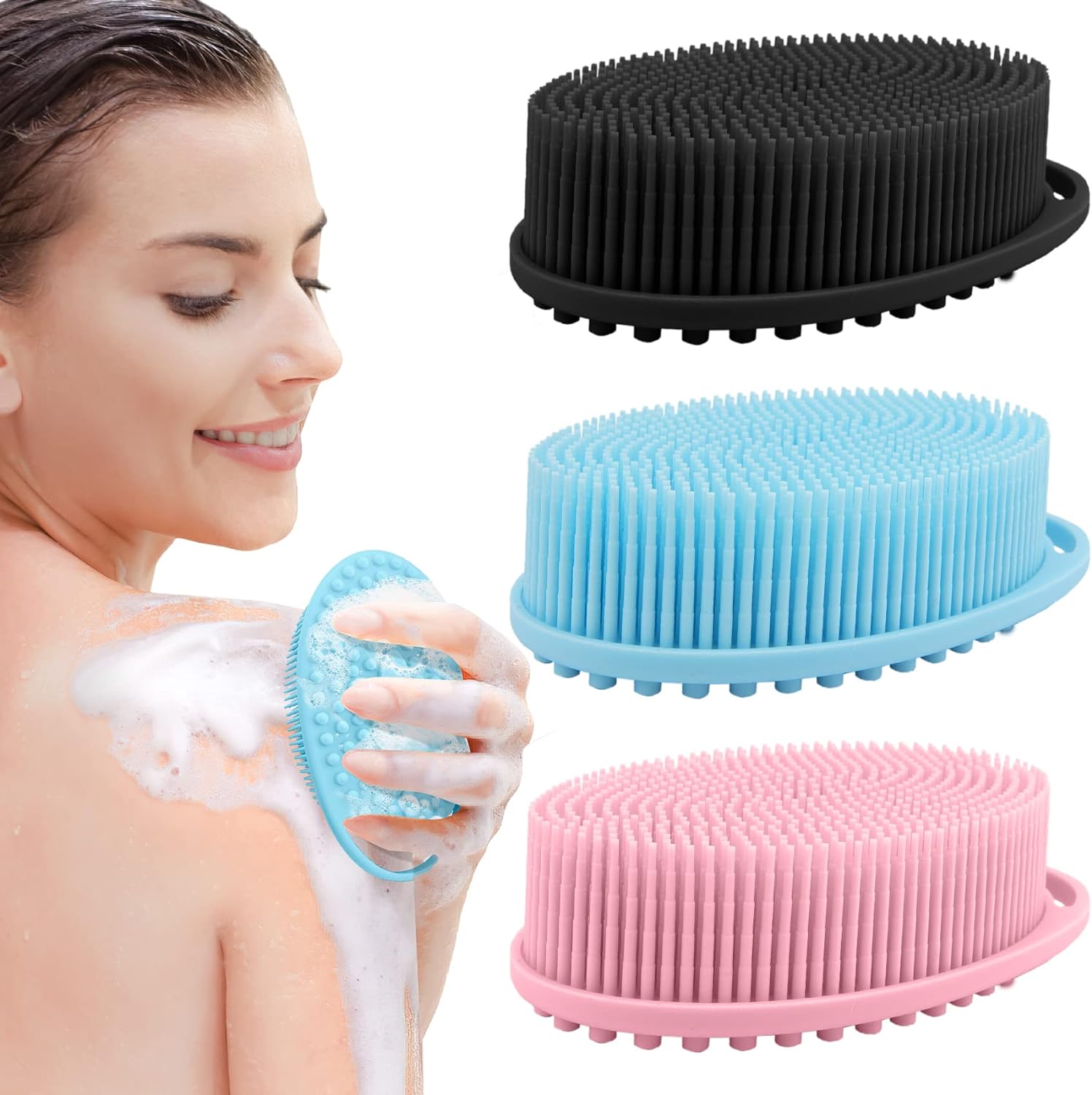 PQRUU 3 Pack Silicone Body Scrubber, Exfoliating Soft Loofah Bath Body Scrubbers for Use in Shower, Exfoliating Body Scrubber Fit for All Kinds of Skin, Rapid Foaming Black+Blue+Pink