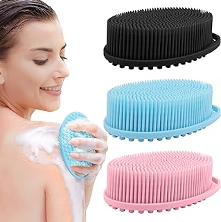 PQRUU 3 Pack Silicone Body Scrubber, Exfoliating Soft Loofah Bath Body Scrubbers for Use in Shower, Exfoliating Body Scrubber Fit for All Kinds of Skin, Rapid Foaming Black+Blue+Pink